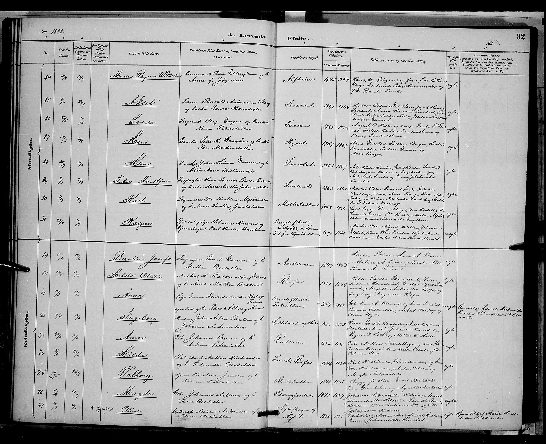 Vestre Toten prestekontor, AV/SAH-PREST-108/H/Ha/Hab/L0009: Parish register (copy) no. 9, 1888-1900, p. 32