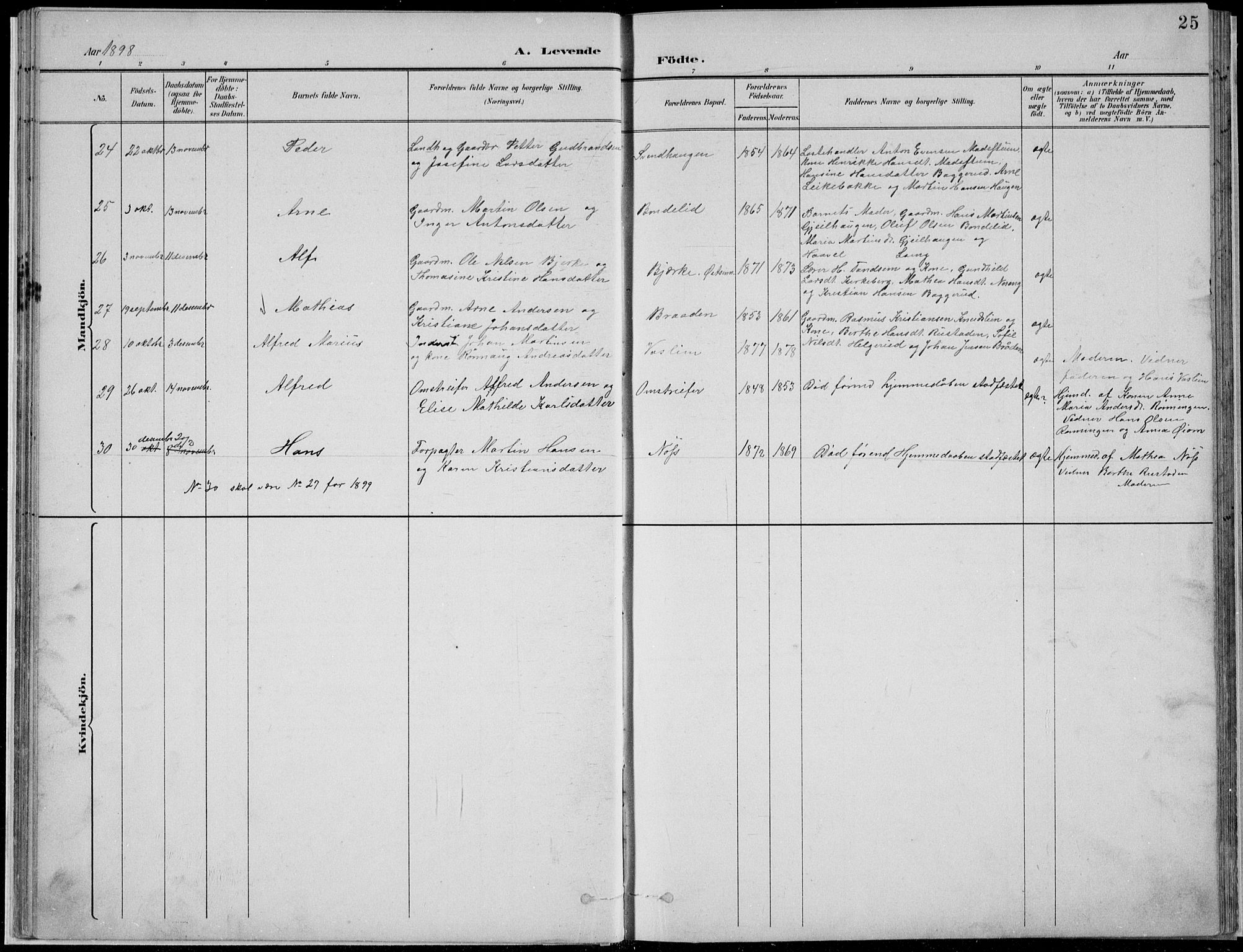 Nordre Land prestekontor, SAH/PREST-124/H/Ha/Hab/L0013: Parish register (copy) no. 13, 1891-1904, p. 25