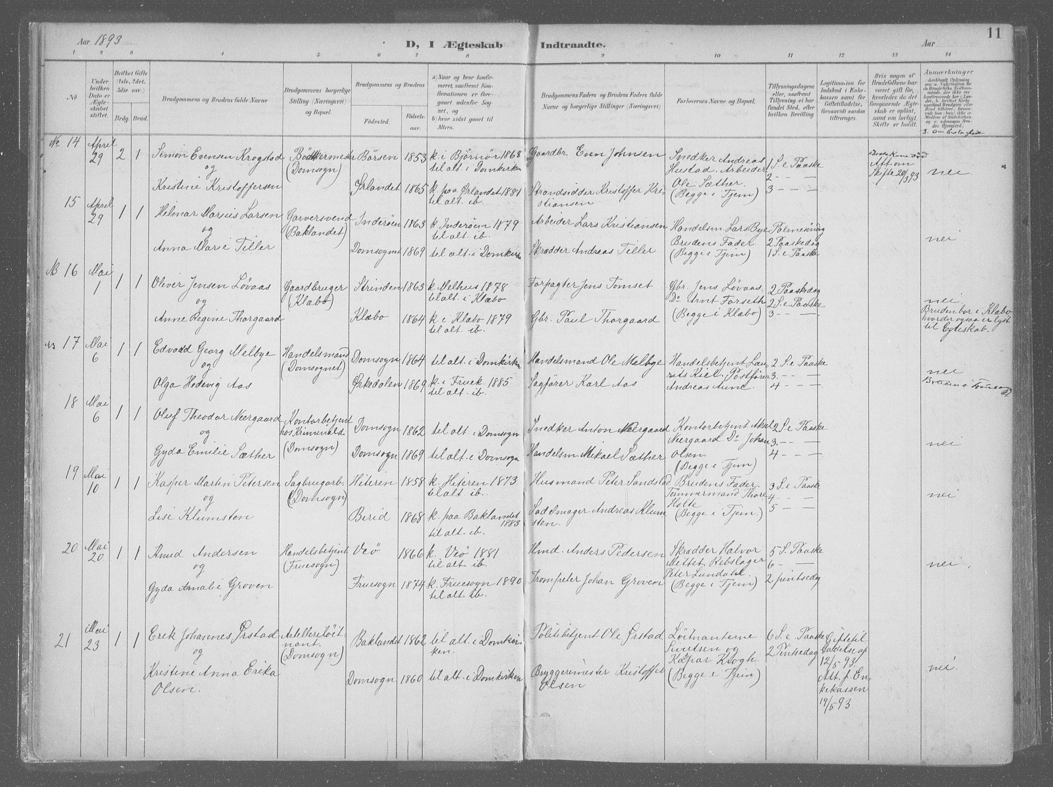 Ministerialprotokoller, klokkerbøker og fødselsregistre - Sør-Trøndelag, AV/SAT-A-1456/601/L0064: Parish register (official) no. 601A31, 1891-1911, p. 11