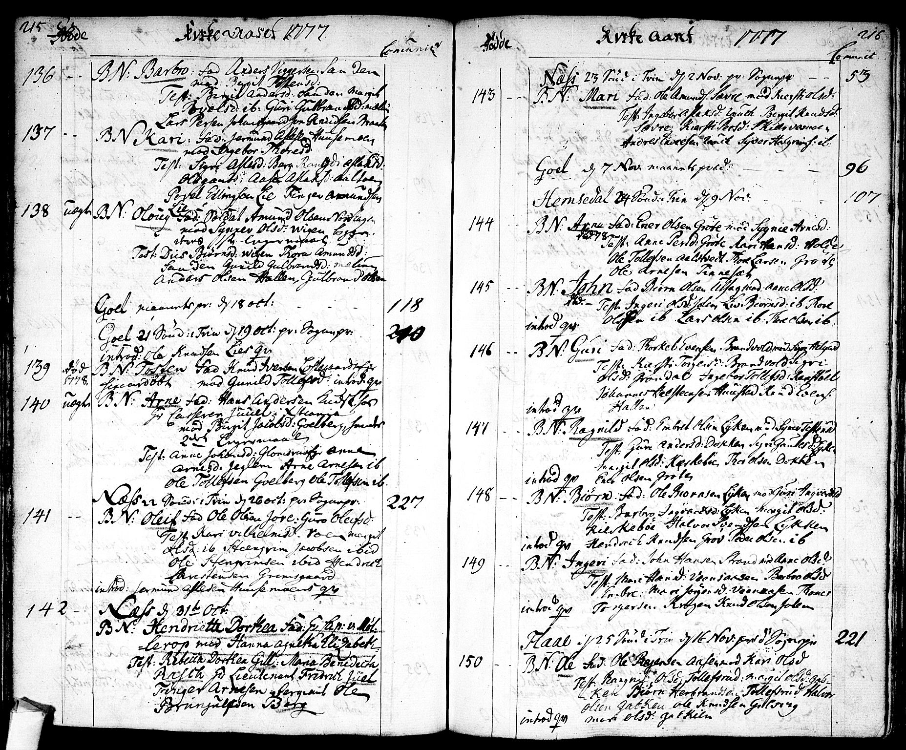 Nes kirkebøker, AV/SAKO-A-236/F/Fa/L0004: Parish register (official) no. 4, 1764-1786, p. 215-216