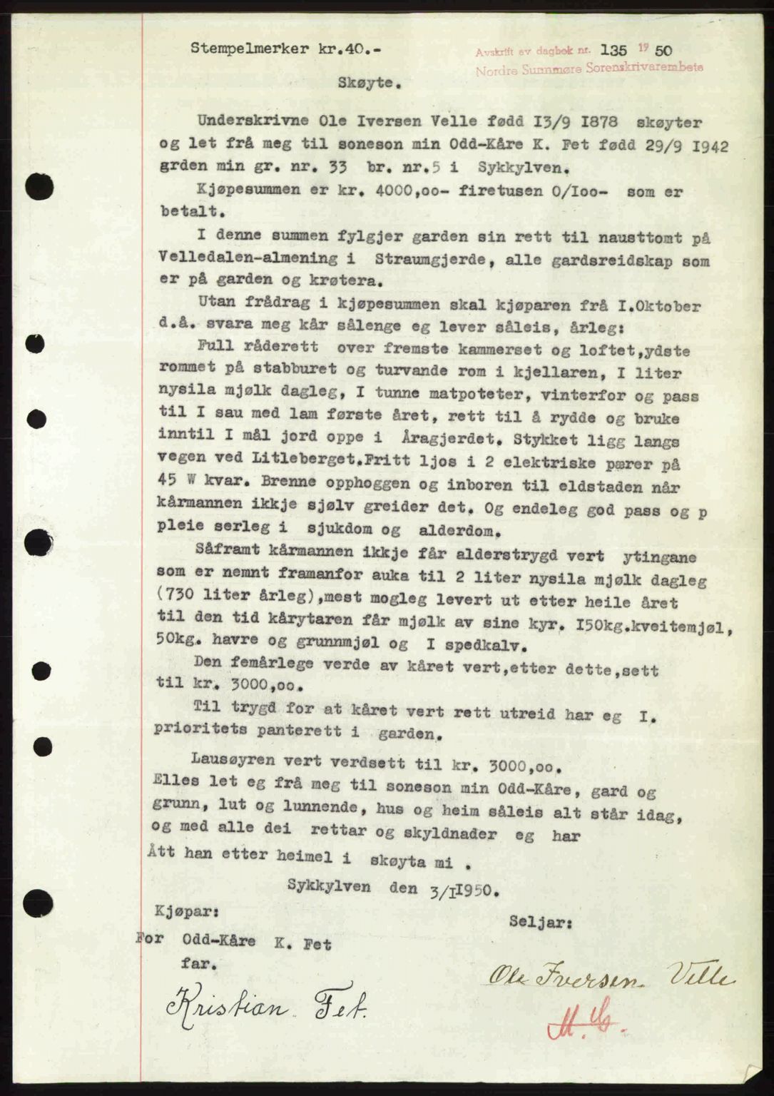 Nordre Sunnmøre sorenskriveri, AV/SAT-A-0006/1/2/2C/2Ca: Mortgage book no. A33, 1949-1950, Diary no: : 135/1950