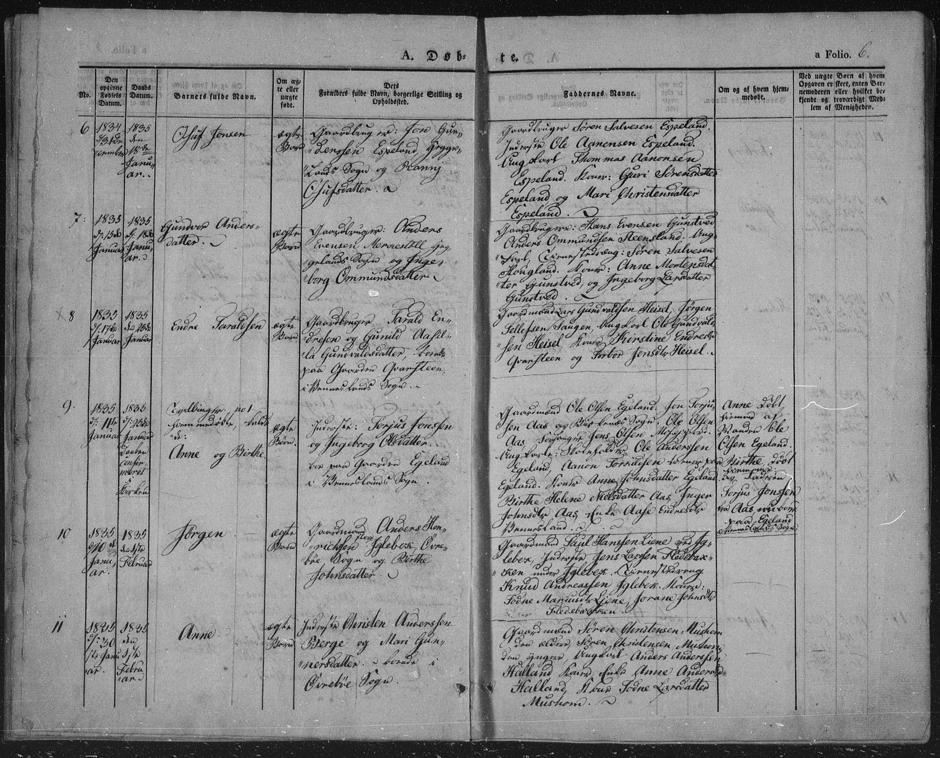 Vennesla sokneprestkontor, AV/SAK-1111-0045/Fa/Fac/L0004: Parish register (official) no. A 4, 1834-1855, p. 6