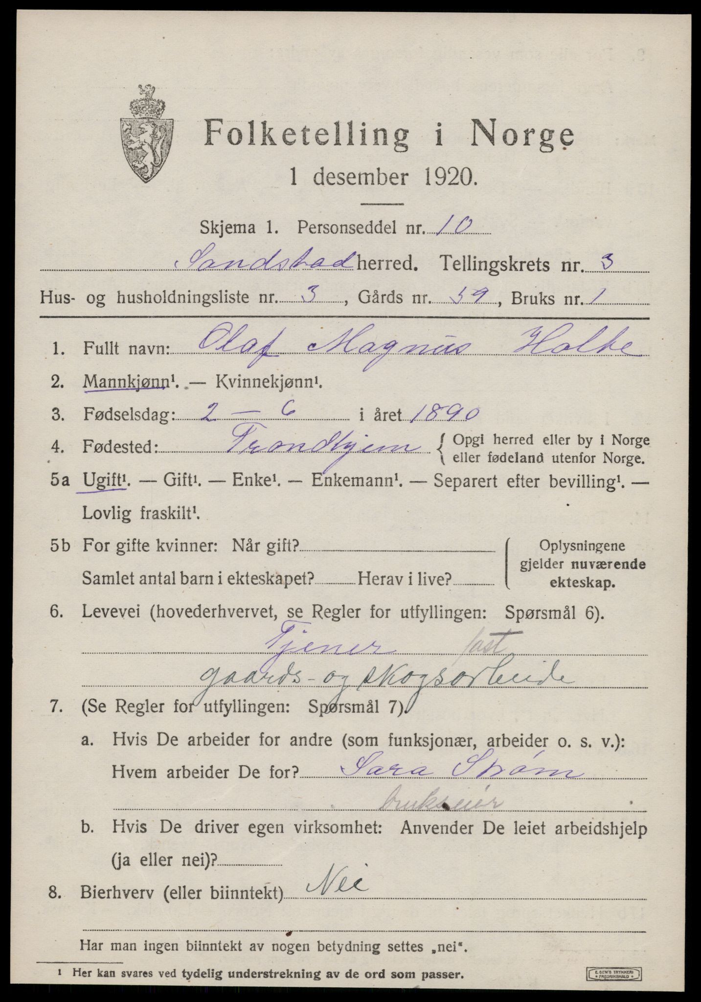 SAT, 1920 census for Sandstad, 1920, p. 1649