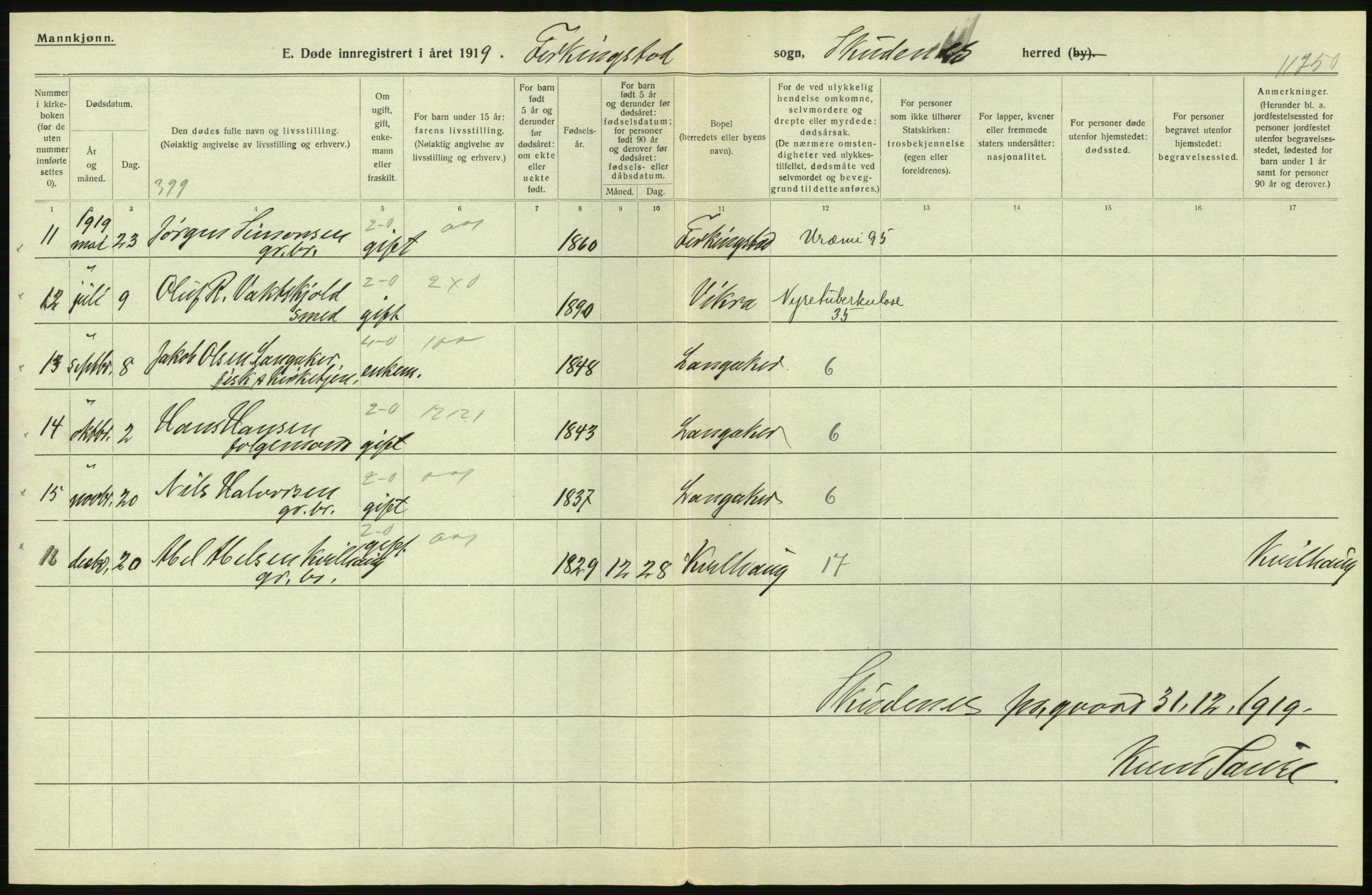 Statistisk sentralbyrå, Sosiodemografiske emner, Befolkning, RA/S-2228/D/Df/Dfb/Dfbi/L0030: Rogaland fylke: Døde. Bygder og byer., 1919, p. 144