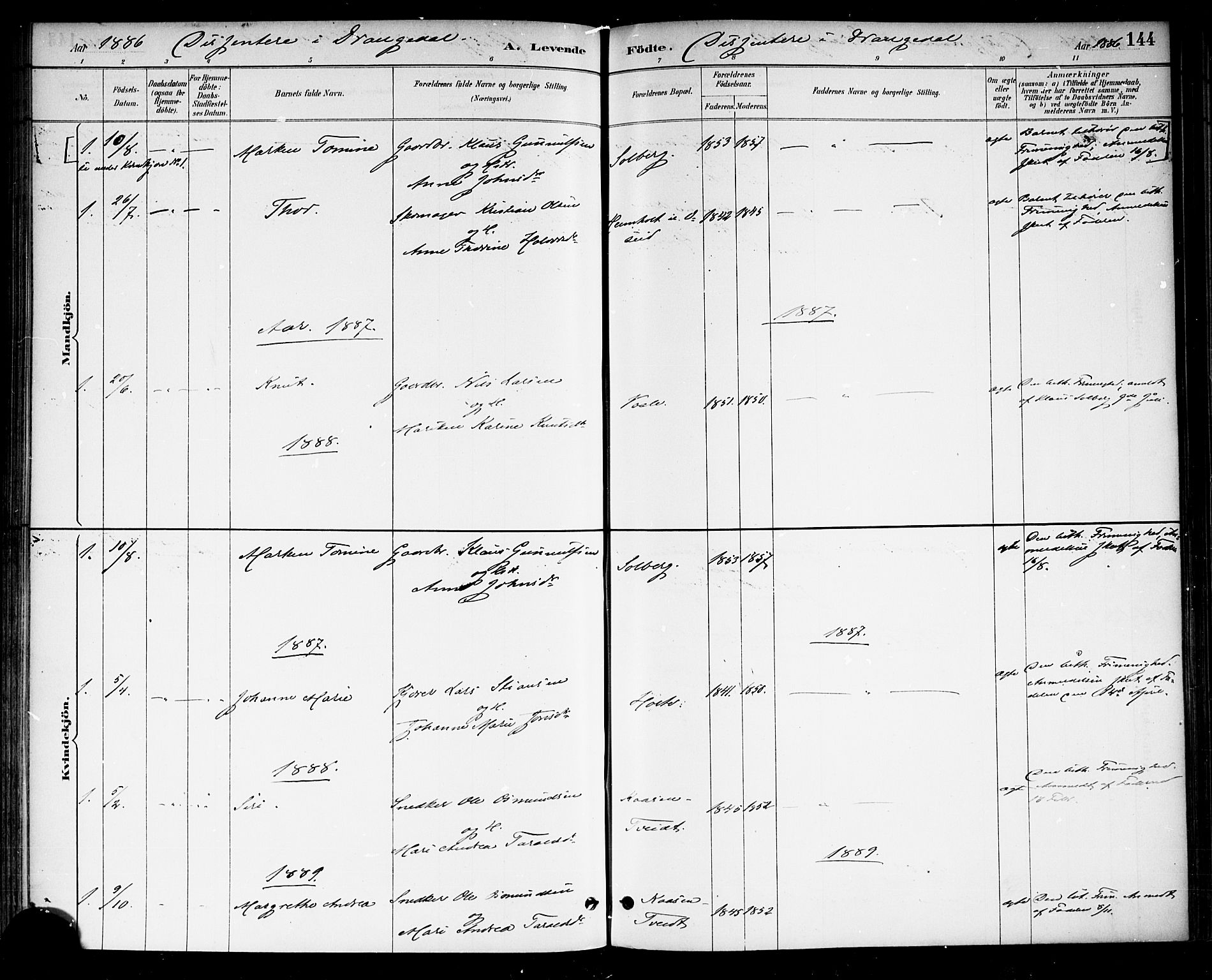 Drangedal kirkebøker, AV/SAKO-A-258/F/Fa/L0010: Parish register (official) no. 10 /1, 1885-1894, p. 144