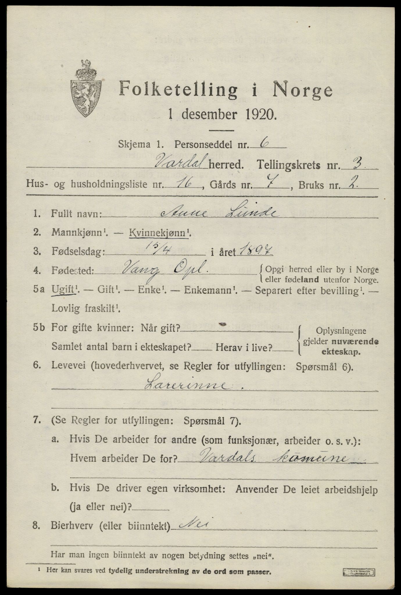 SAH, 1920 census for Vardal, 1920, p. 2851