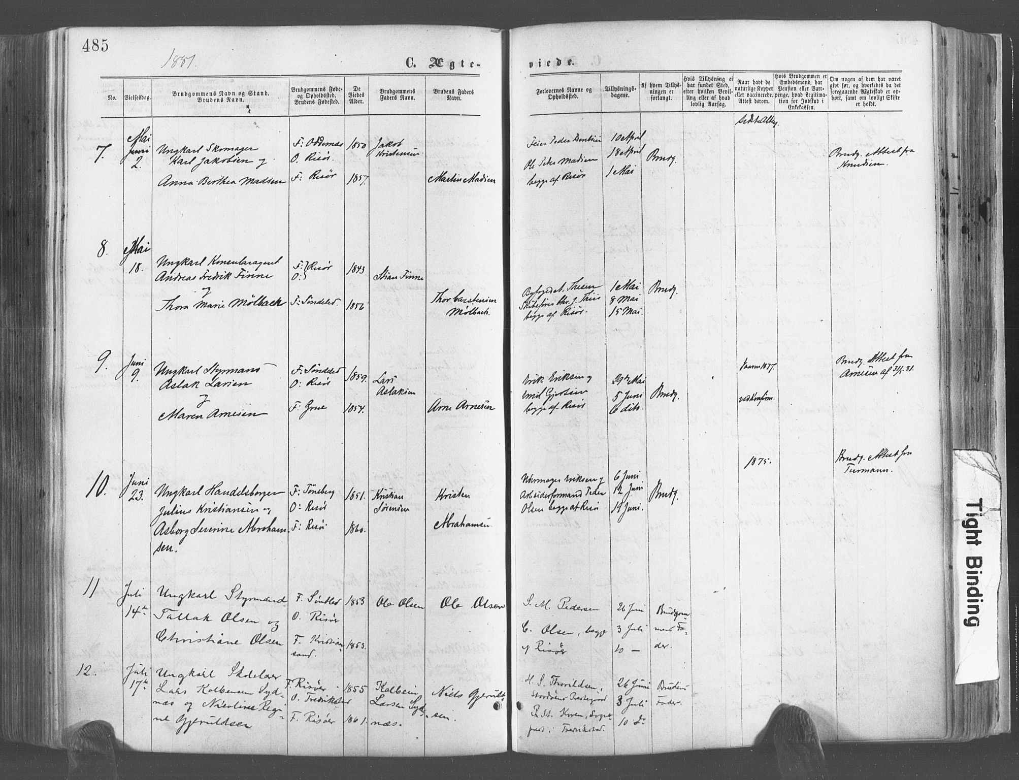 Risør sokneprestkontor, SAK/1111-0035/F/Fa/L0004: Parish register (official) no. A 4, 1865-1882, p. 485