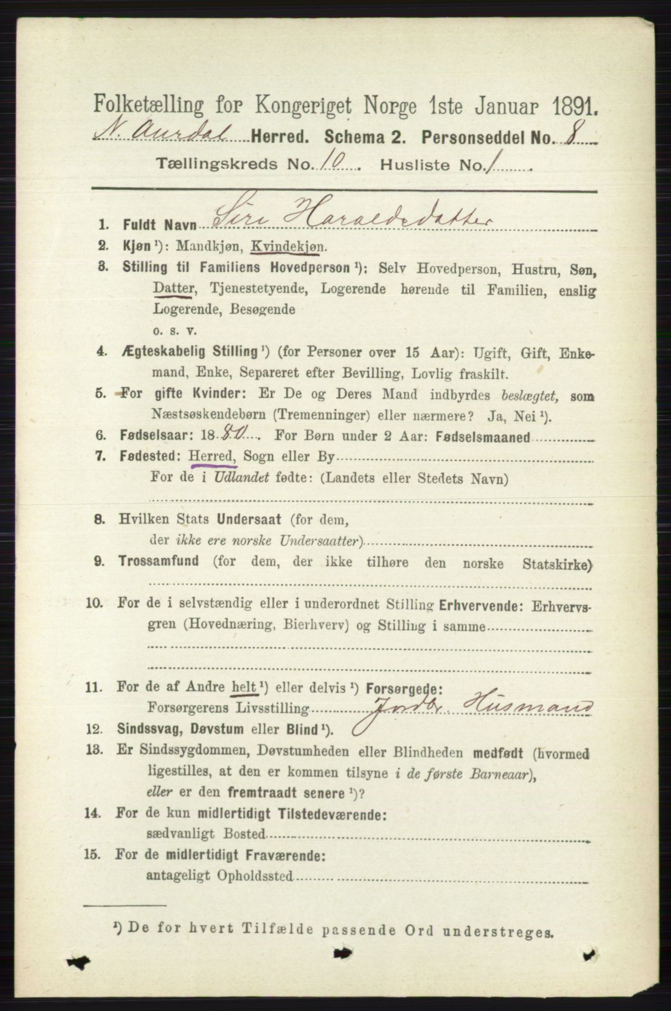 RA, 1891 census for 0542 Nord-Aurdal, 1891, p. 3738