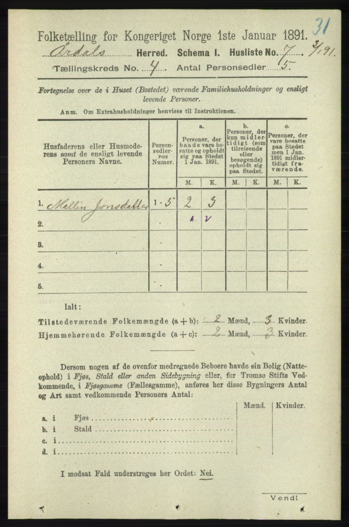 RA, 1891 census for 1131 Årdal, 1891, p. 1077