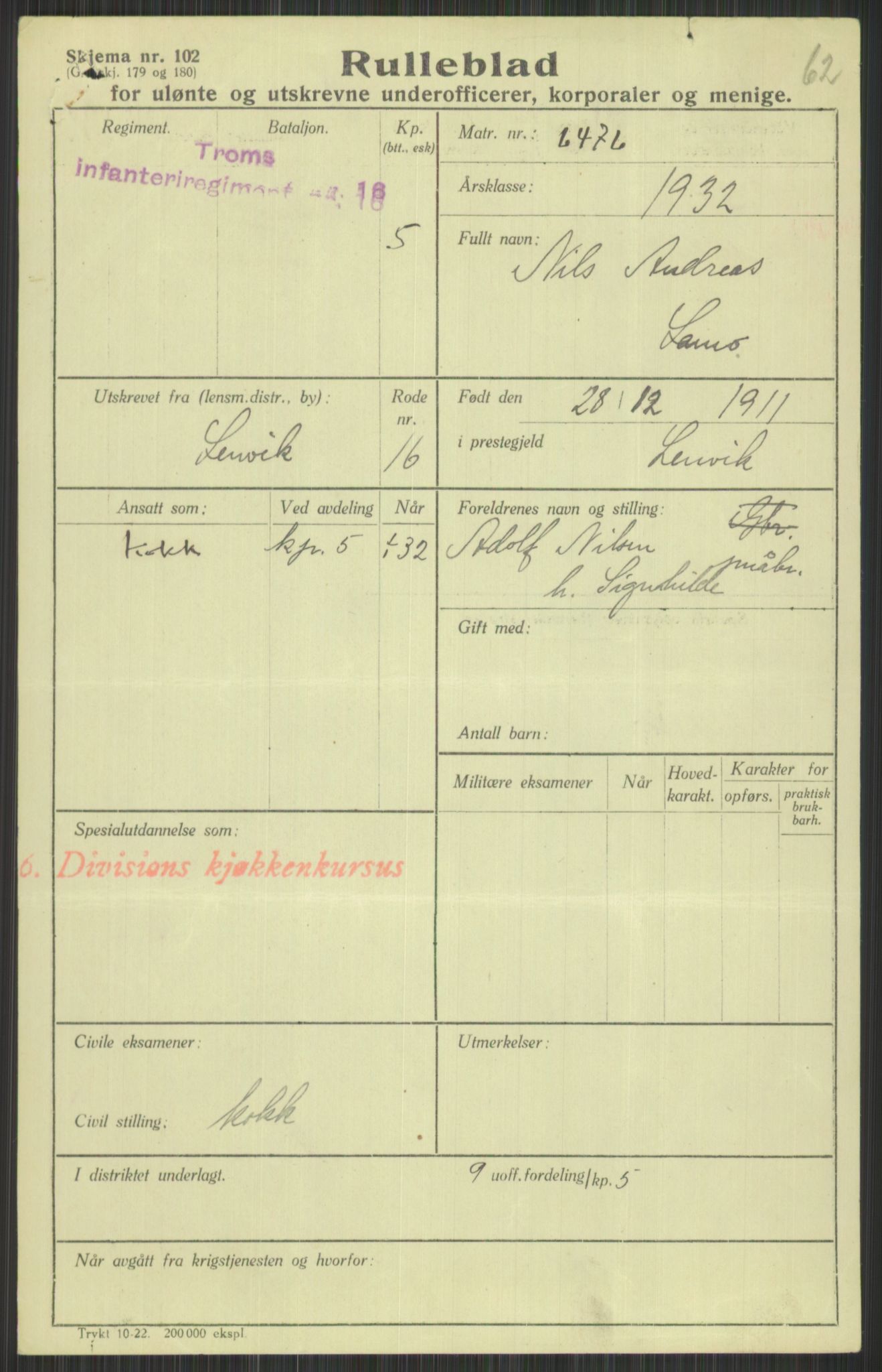 Forsvaret, Troms infanteriregiment nr. 16, AV/RA-RAFA-3146/P/Pa/L0016: Rulleblad for regimentets menige mannskaper, årsklasse 1932, 1932, p. 913