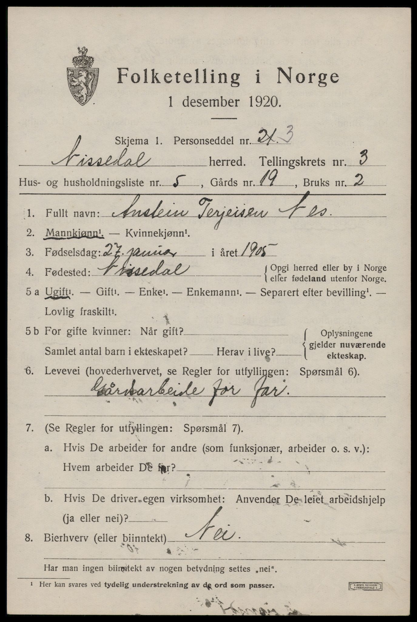 SAKO, 1920 census for Nissedal, 1920, p. 1537