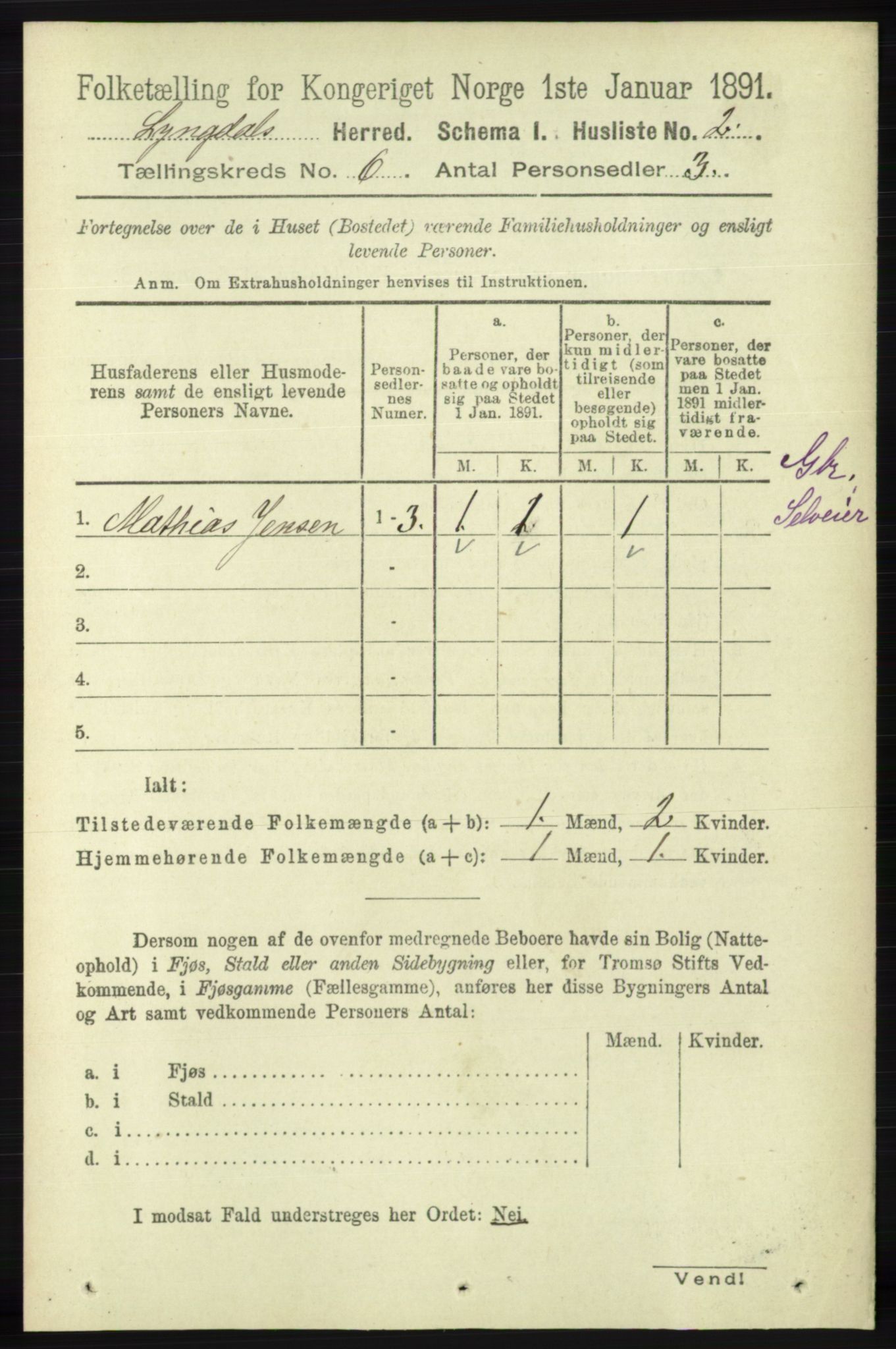 RA, 1891 census for 1032 Lyngdal, 1891, p. 2372