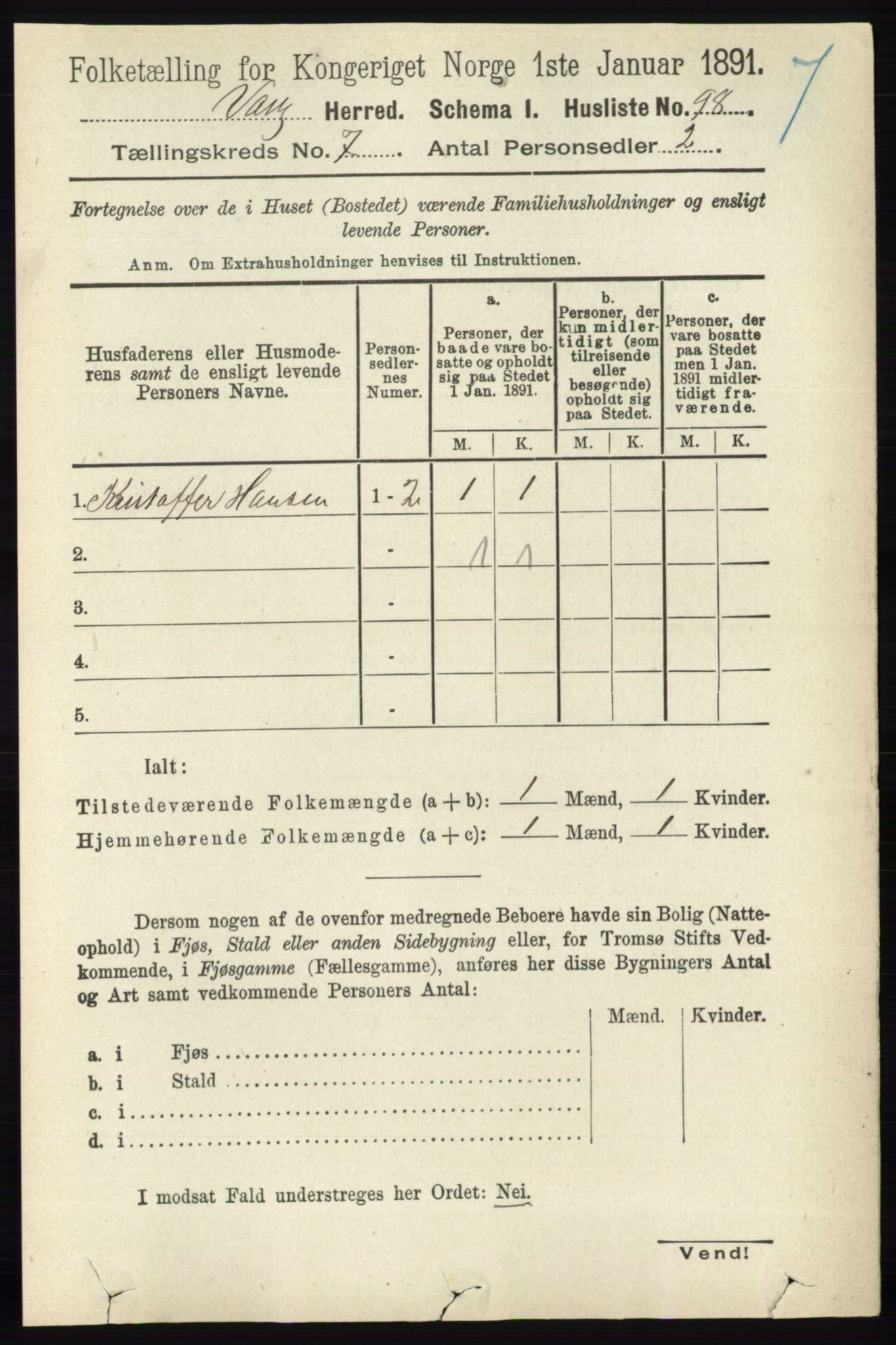 RA, 1891 census for 0414 Vang, 1891, p. 5020