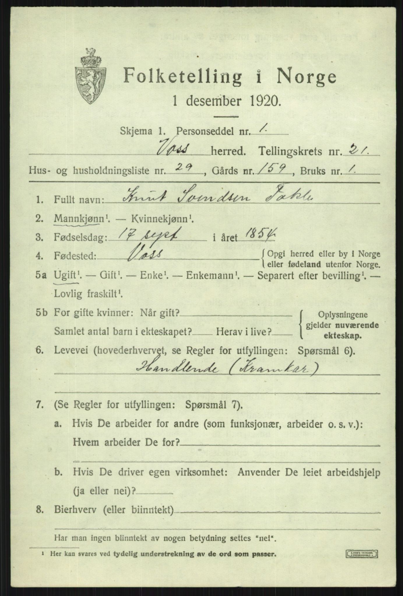 SAB, 1920 census for Voss, 1920, p. 15217