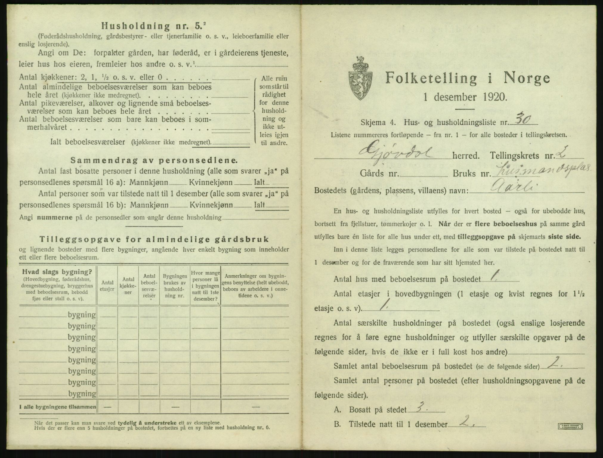 SAK, 1920 census for Gjøvdal, 1920, p. 182