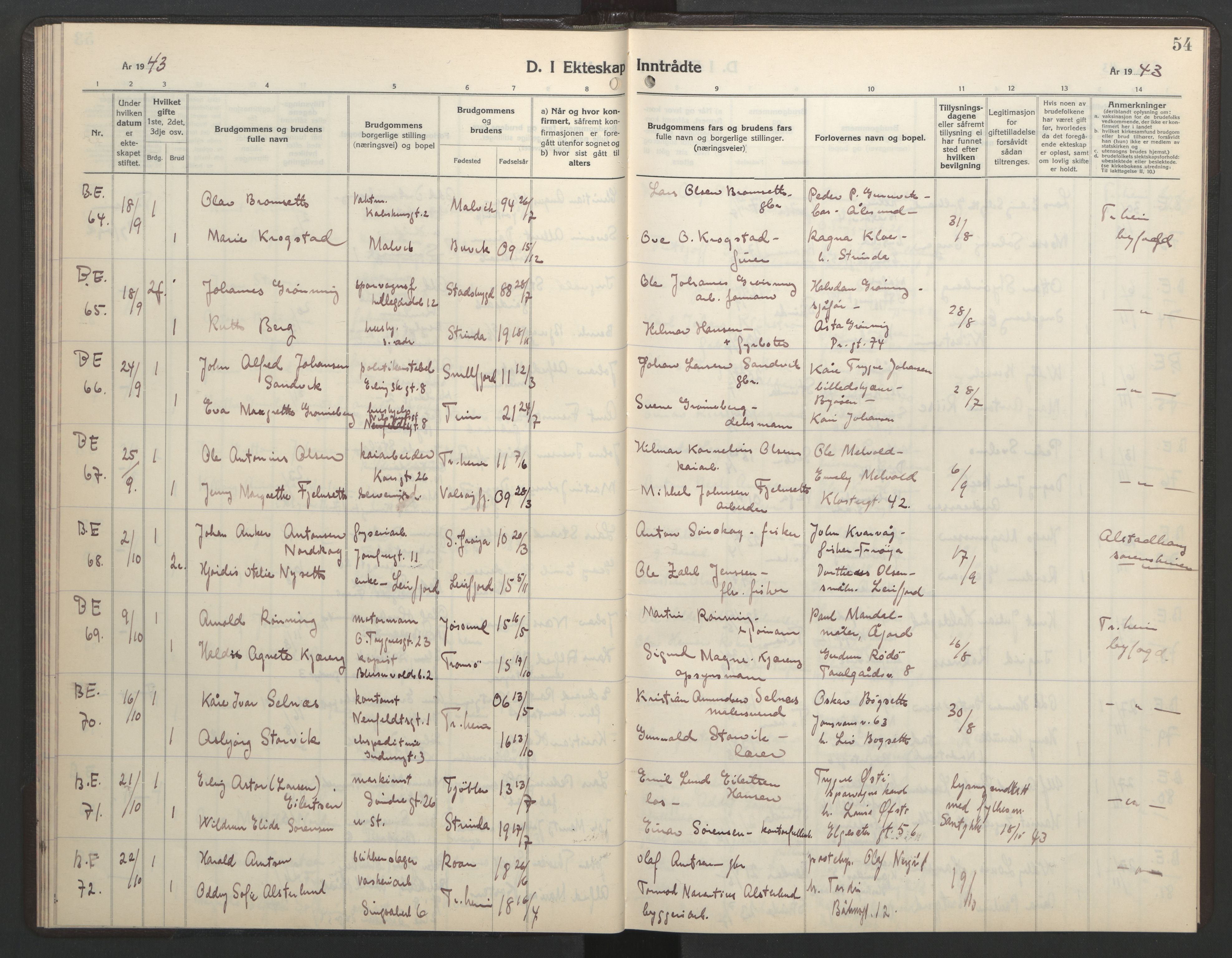 Ministerialprotokoller, klokkerbøker og fødselsregistre - Sør-Trøndelag, AV/SAT-A-1456/602/L0154: Parish register (copy) no. 602C22, 1940-1947, p. 54