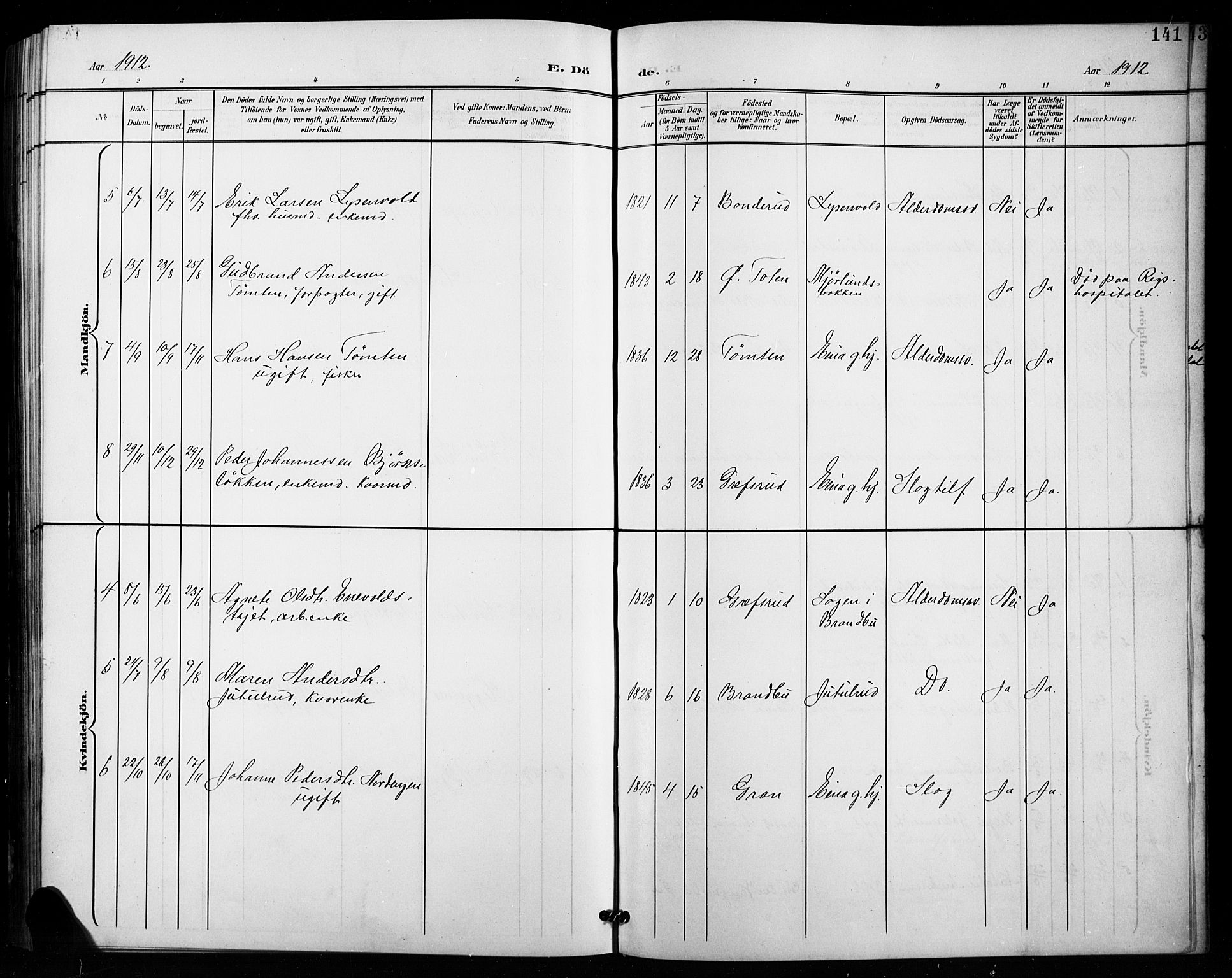 Vestre Toten prestekontor, SAH/PREST-108/H/Ha/Hab/L0016: Parish register (copy) no. 16, 1901-1915, p. 141