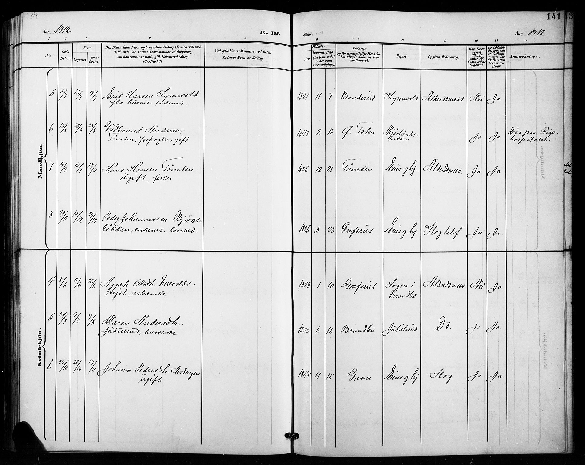 Vestre Toten prestekontor, AV/SAH-PREST-108/H/Ha/Hab/L0016: Parish register (copy) no. 16, 1901-1915, p. 141