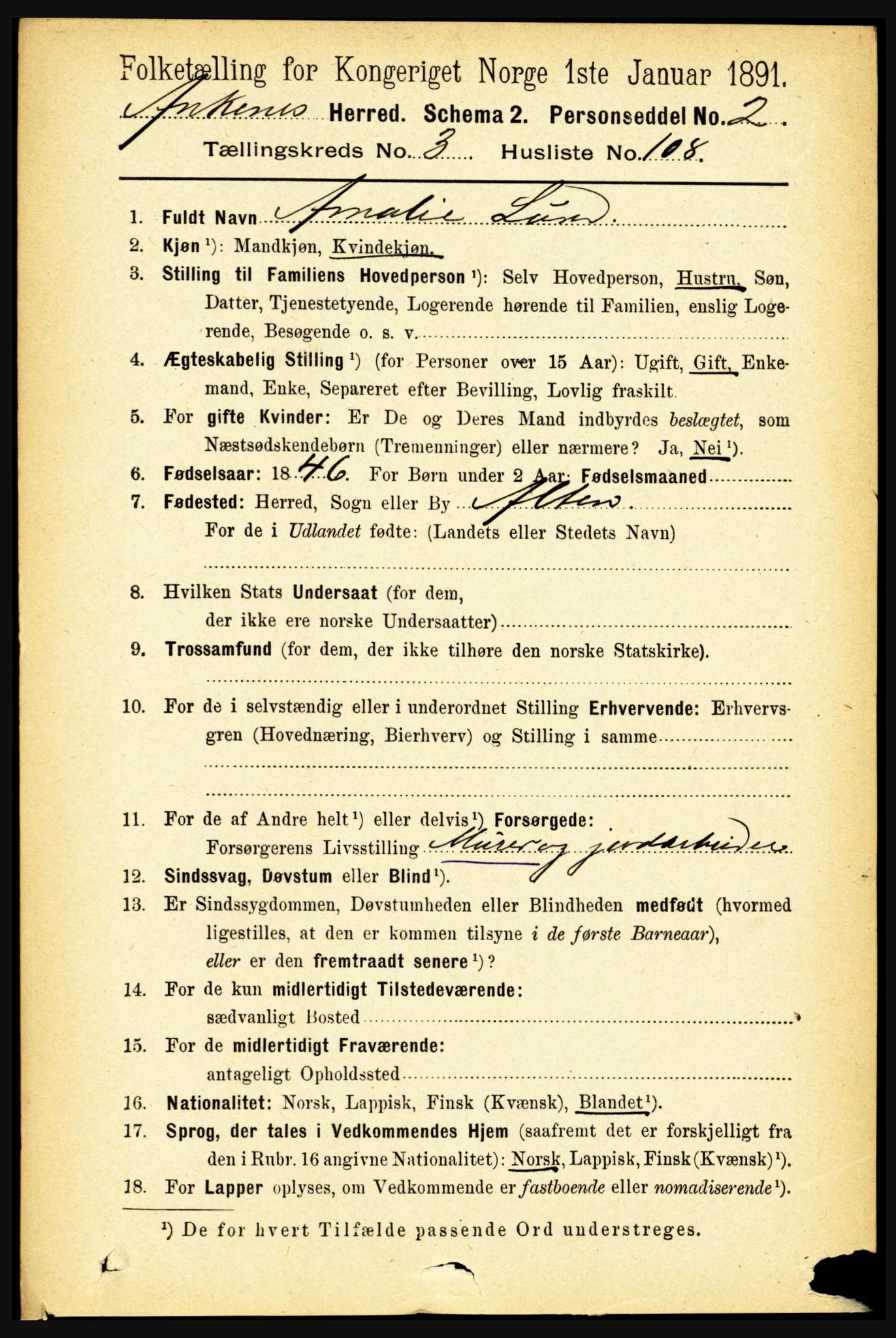 RA, 1891 census for 1855 Ankenes, 1891, p. 2203