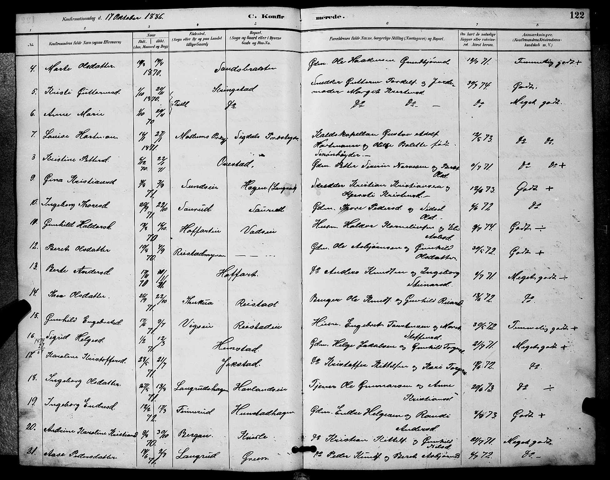 Sigdal kirkebøker, AV/SAKO-A-245/G/Ga/L0005: Parish register (copy) no. I 5, 1886-1900, p. 122