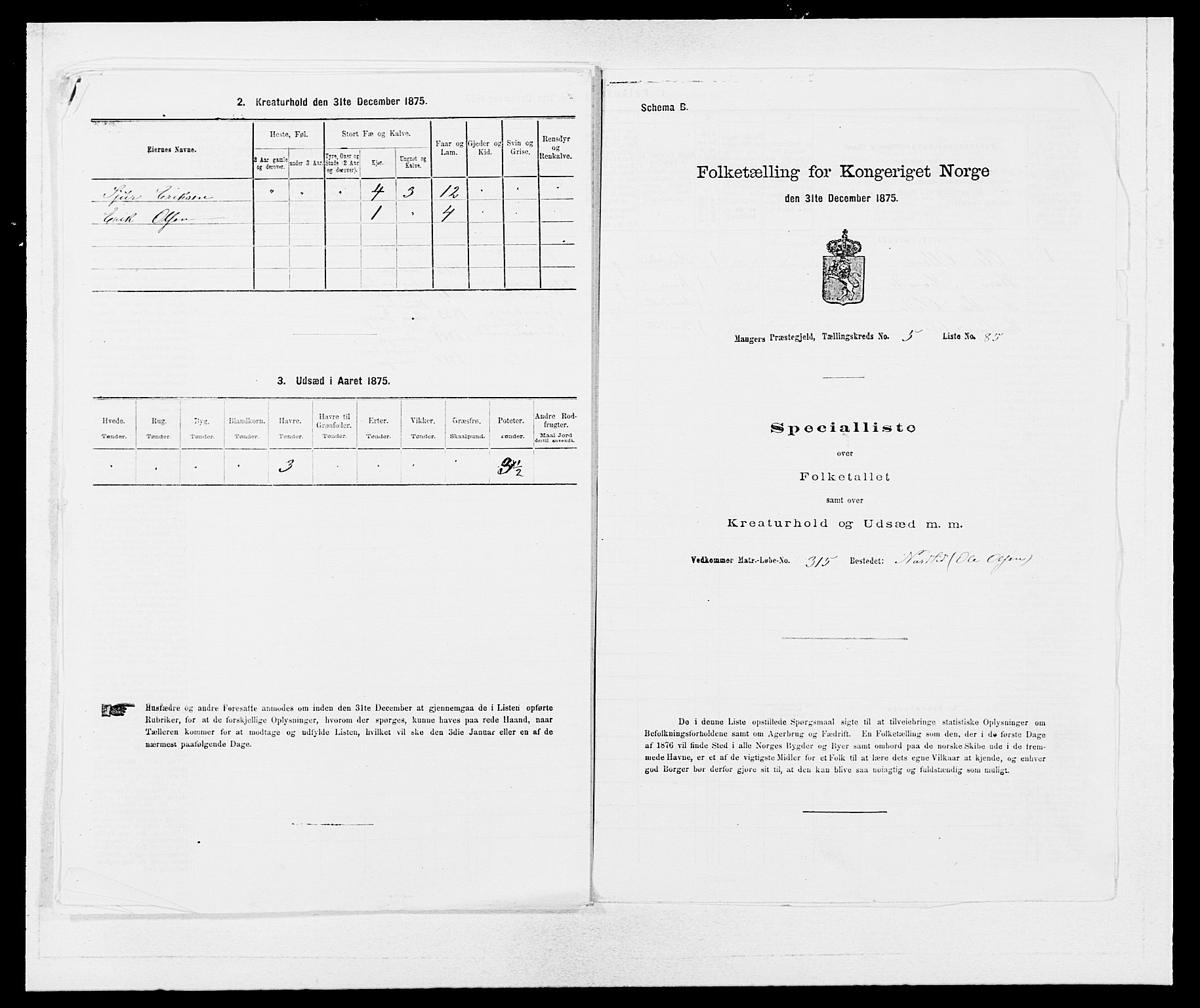 SAB, 1875 census for 1261P Manger, 1875, p. 874