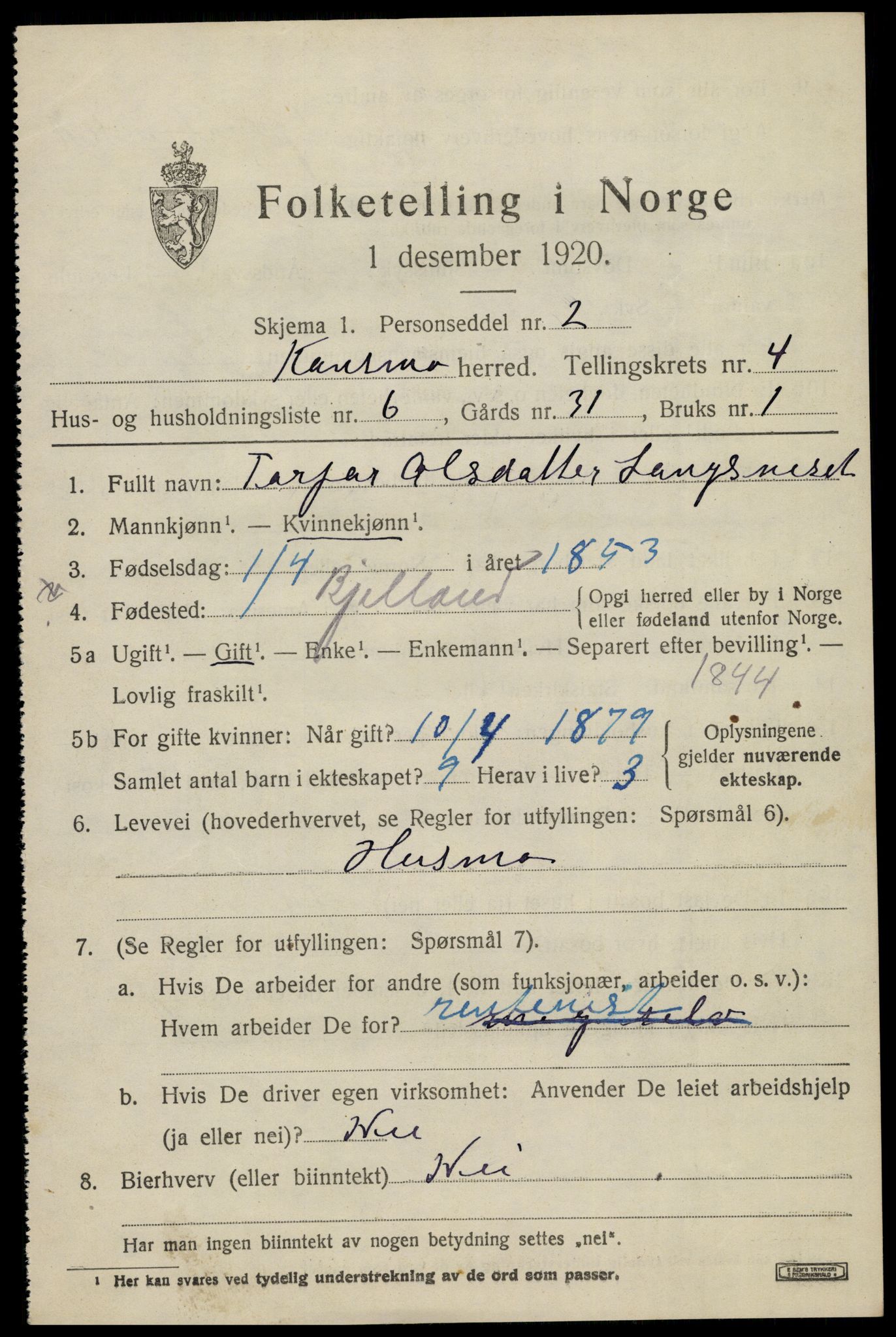 SAK, 1920 census for Konsmo, 1920, p. 1260