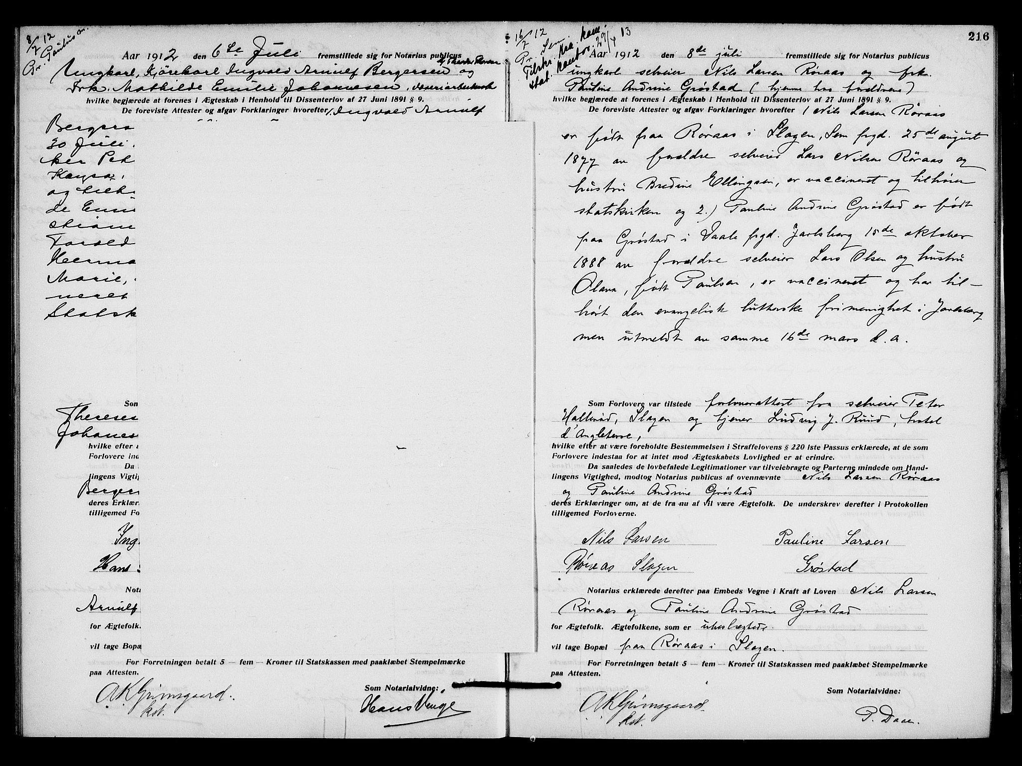 Oslo byfogd avd. I, SAO/A-10220/L/Lb/Lbb/L0008: Notarialprotokoll, rekke II: Vigsler, 1911-1913, p. 215b-216a