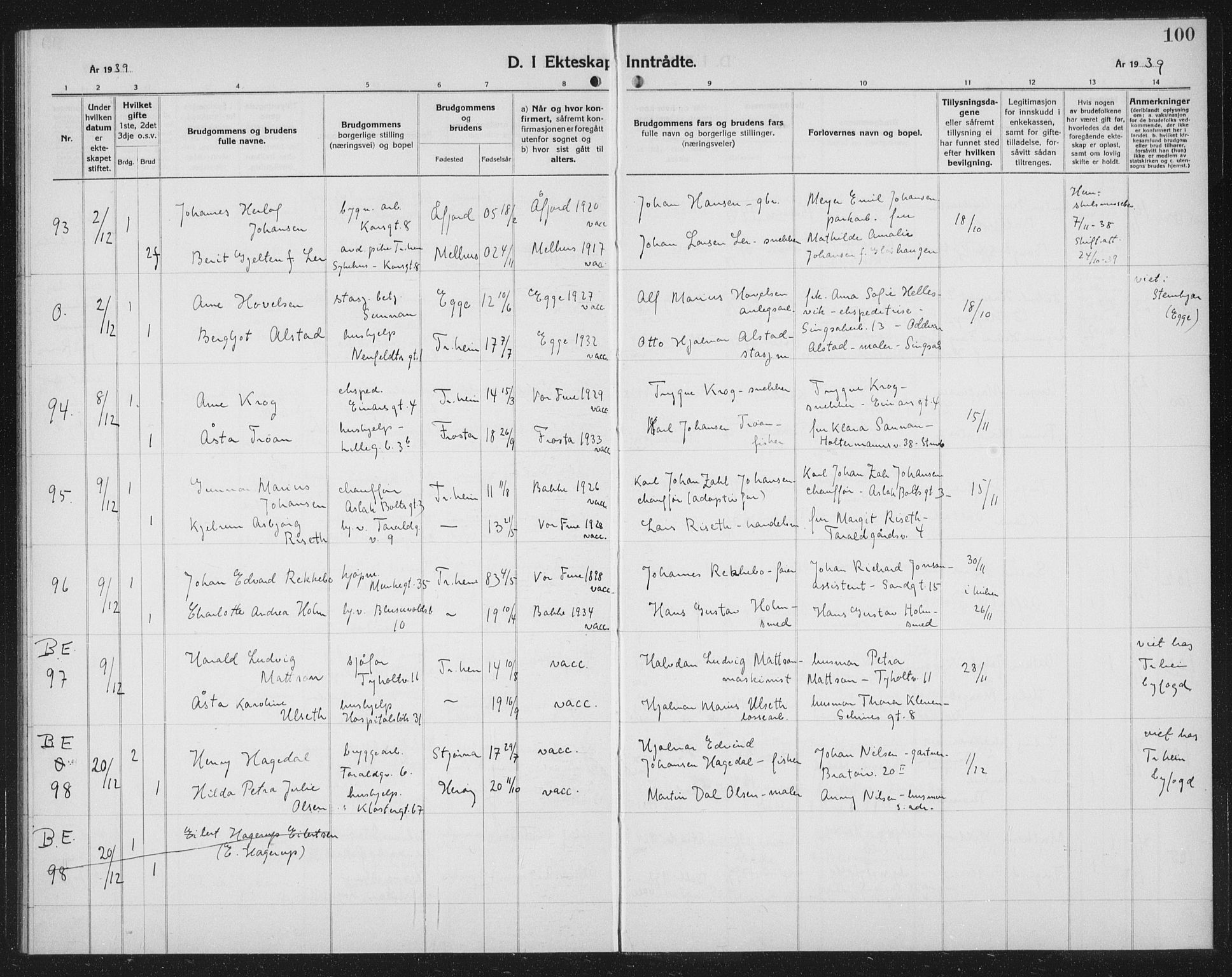 Ministerialprotokoller, klokkerbøker og fødselsregistre - Sør-Trøndelag, SAT/A-1456/602/L0152: Parish register (copy) no. 602C20, 1933-1940, p. 100
