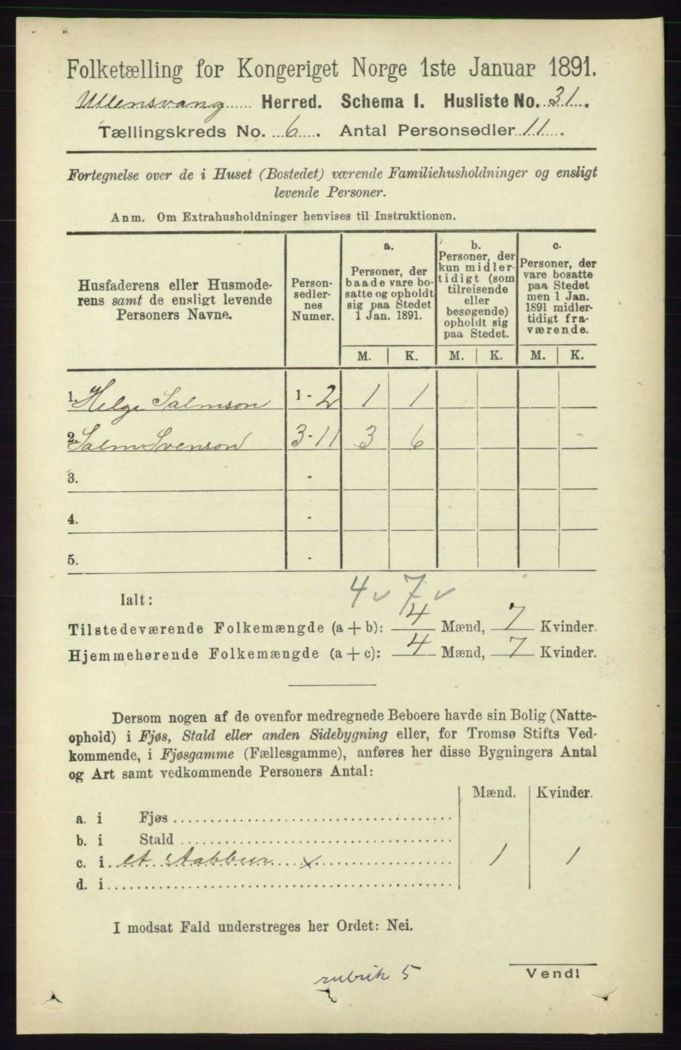 RA, 1891 census for 1230 Ullensvang, 1891, p. 1609