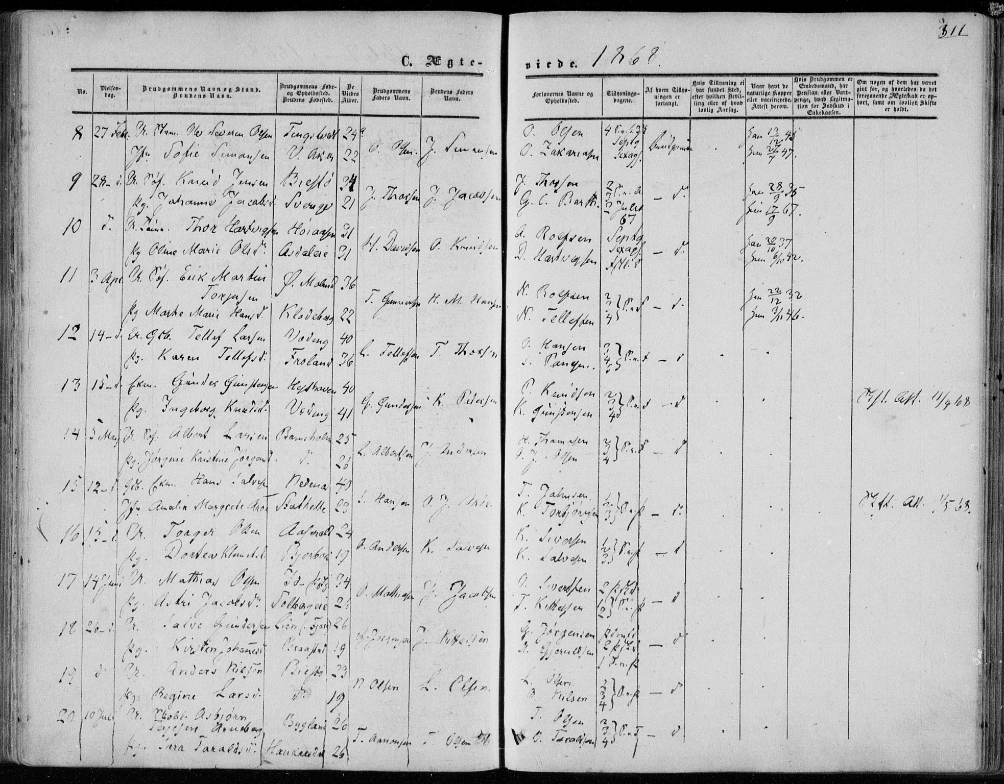 Øyestad sokneprestkontor, AV/SAK-1111-0049/F/Fa/L0015: Parish register (official) no. A 15, 1857-1873, p. 311