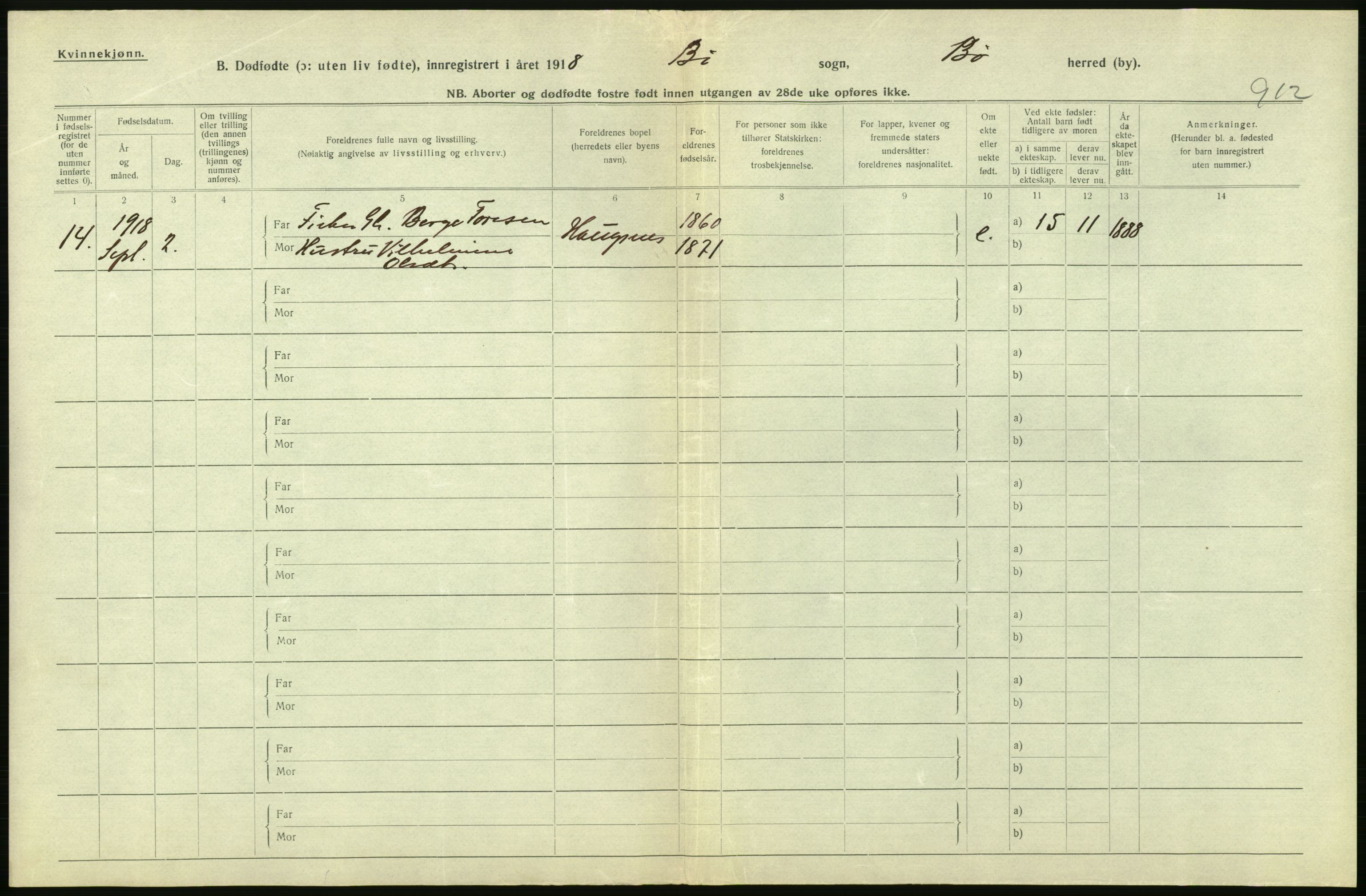 Statistisk sentralbyrå, Sosiodemografiske emner, Befolkning, RA/S-2228/D/Df/Dfb/Dfbh/L0054: Nordland fylke: Gifte, dødfødte. Bygder og byer., 1918, p. 482