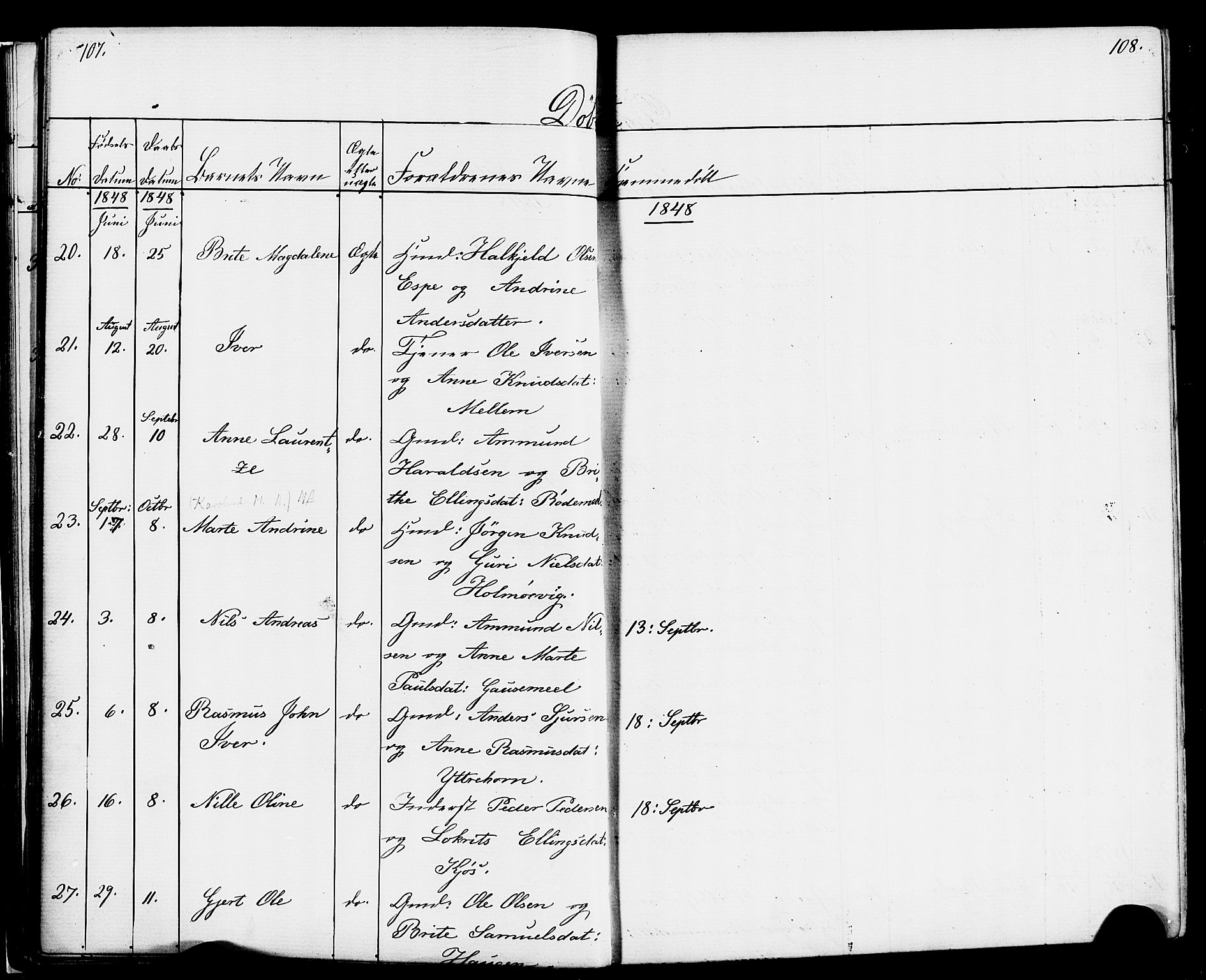 Hornindal sokneprestembete, AV/SAB-A-82401/H/Haa/Haaa/L0001: Parish register (official) no. A 1, 1837-1866, p. 108-109