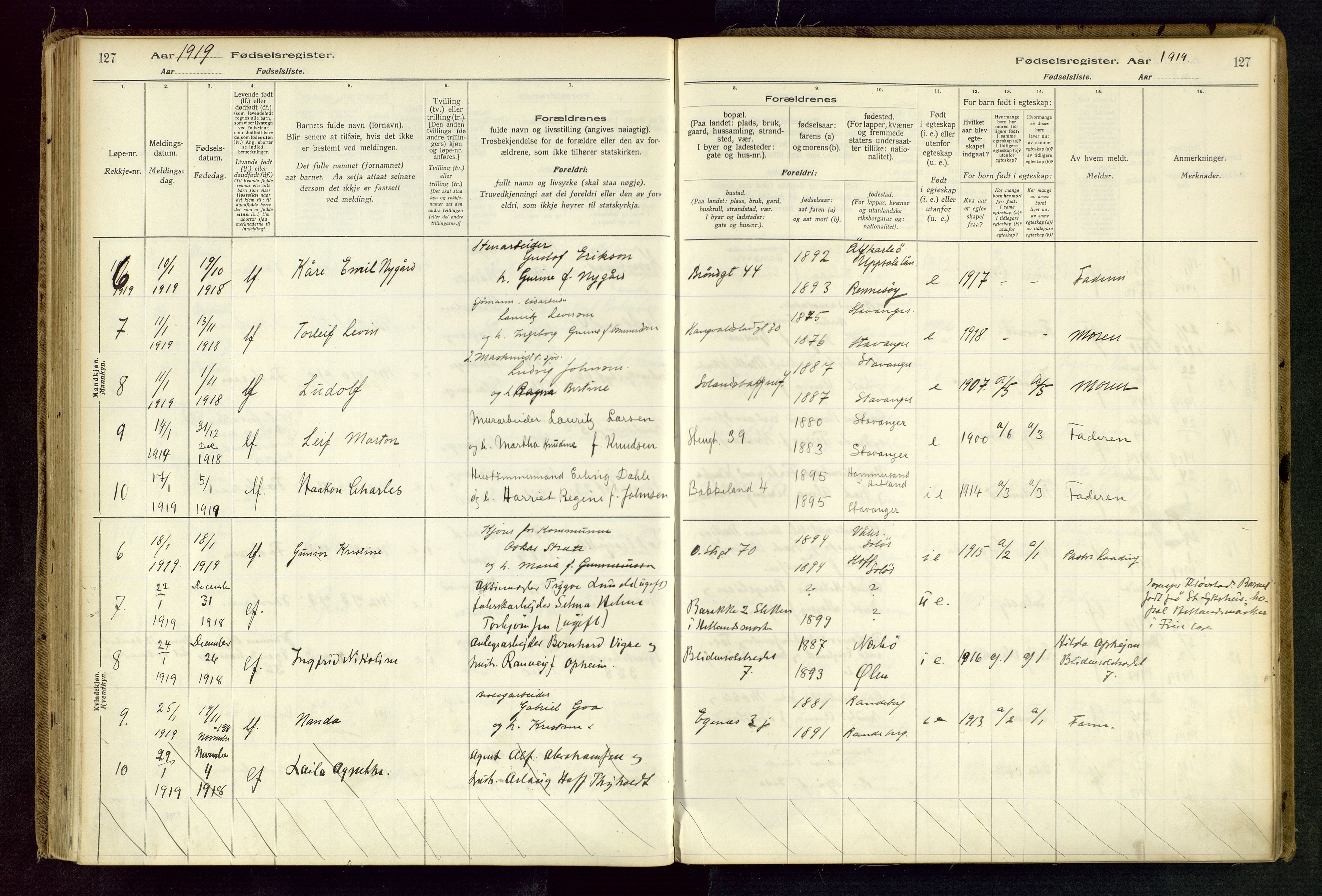 Domkirken sokneprestkontor, AV/SAST-A-101812/002/B/L0001: Birth register no. 1, 1916-1920, p. 127