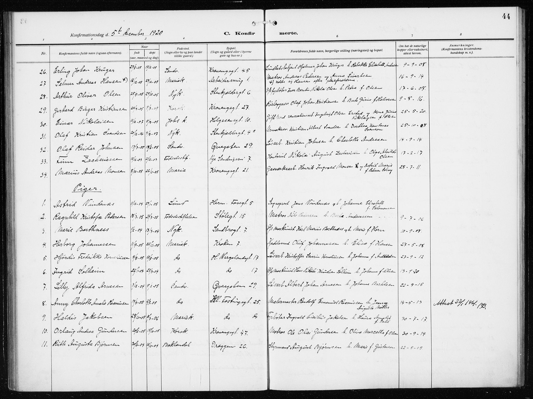 Mariakirken Sokneprestembete, SAB/A-76901/H/Haa/L0015: Parish register (official) no. C 3, 1913-1927, p. 44