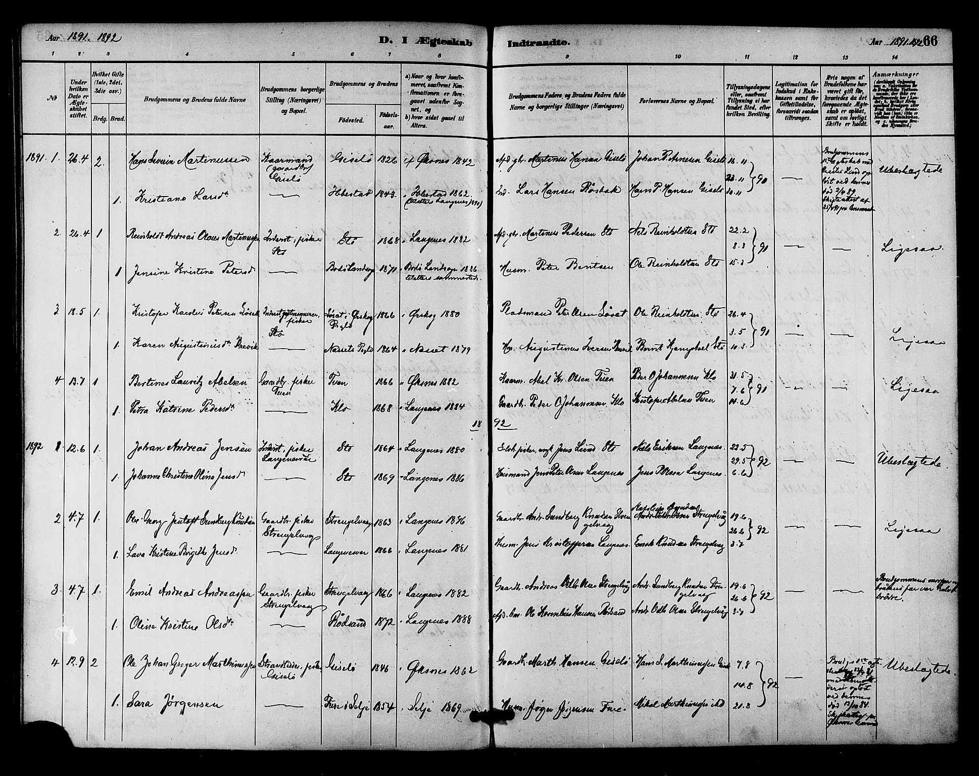 Ministerialprotokoller, klokkerbøker og fødselsregistre - Nordland, SAT/A-1459/894/L1355: Parish register (official) no. 894A01, 1885-1896, p. 66