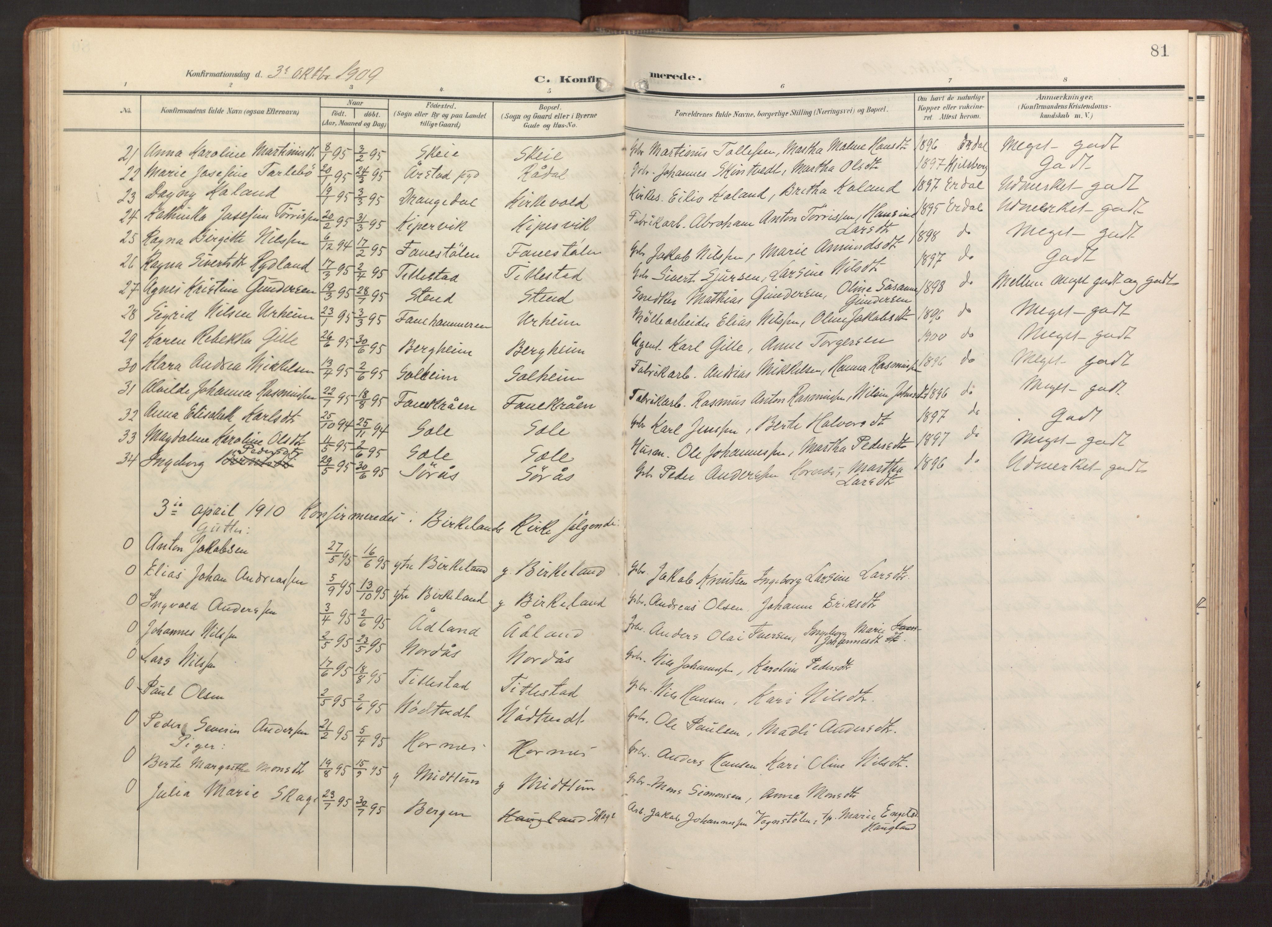 Fana Sokneprestembete, AV/SAB-A-75101/H/Haa/Haab/L0004: Parish register (official) no. B 4, 1908-1915, p. 81