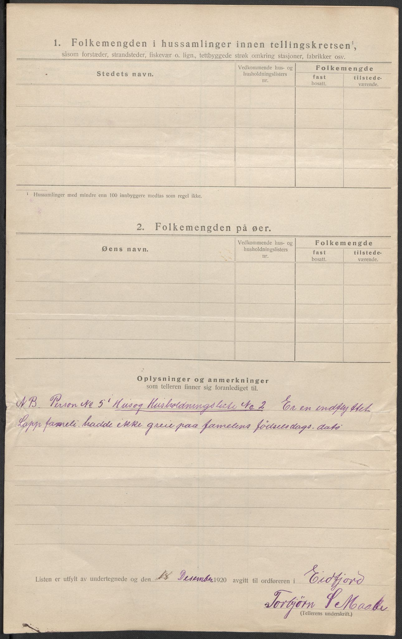 SAB, 1920 census for Eidfjord, 1920, p. 19