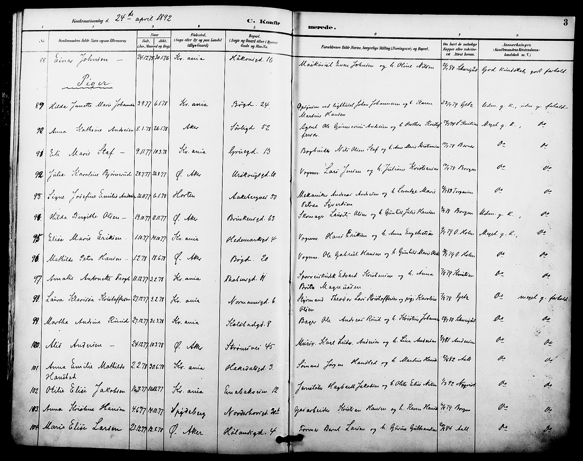 Kampen prestekontor Kirkebøker, AV/SAO-A-10853/F/Fa/L0008: Parish register (official) no. I 8, 1892-1902, p. 3