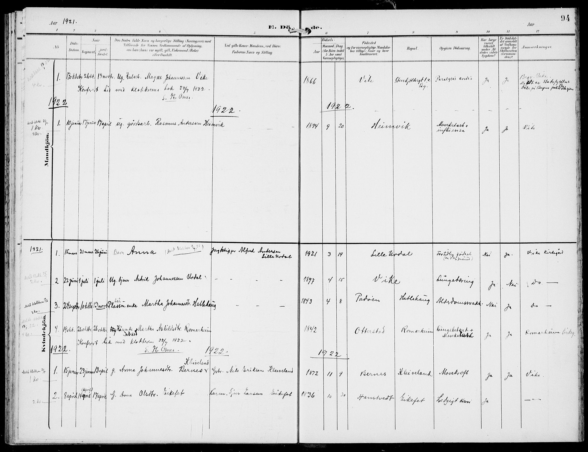 Hosanger sokneprestembete, AV/SAB-A-75801/H/Haa: Parish register (official) no. D  1, 1896-1922, p. 94