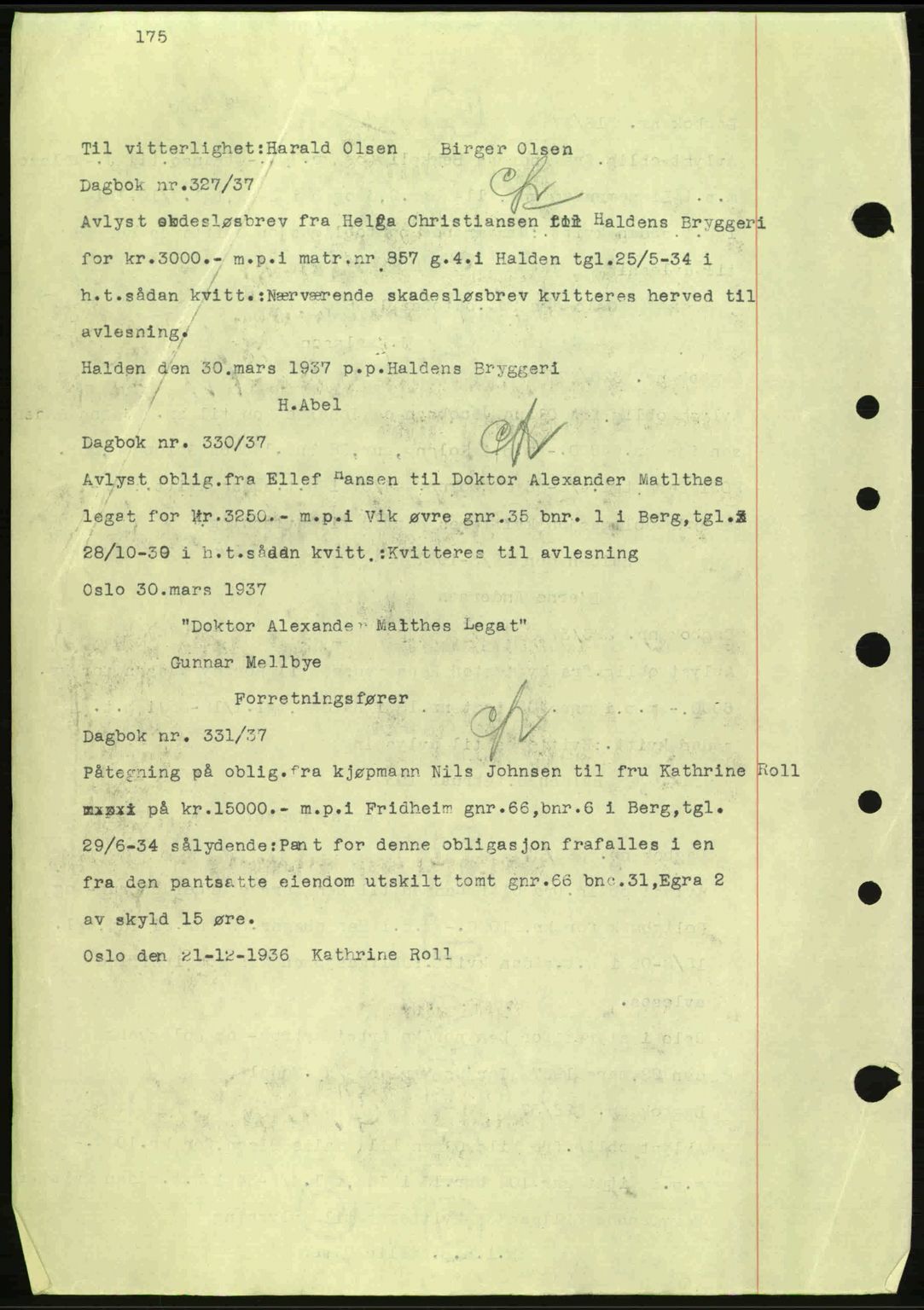 Idd og Marker sorenskriveri, AV/SAO-A-10283/G/Gb/Gbc/L0001: Mortgage book no. B1-3, 1936-1939, Diary no: : 330/1937