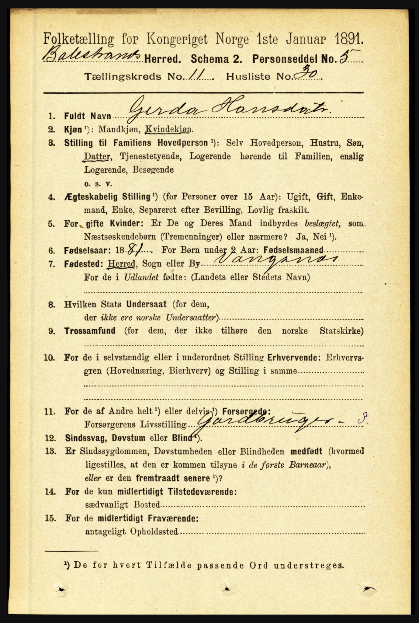 RA, 1891 census for 1418 Balestrand, 1891, p. 2645