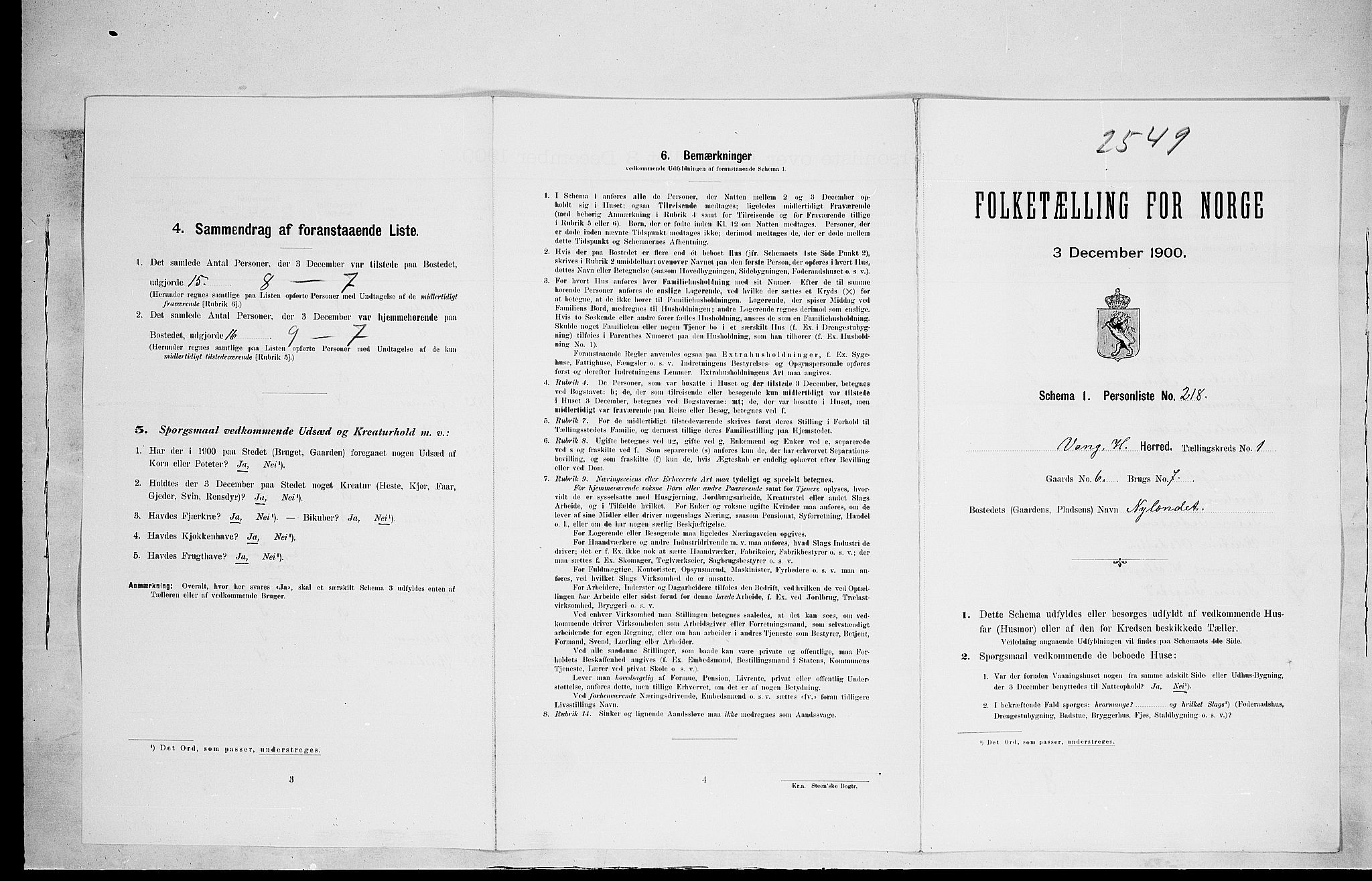 SAH, 1900 census for Vang, 1900, p. 485