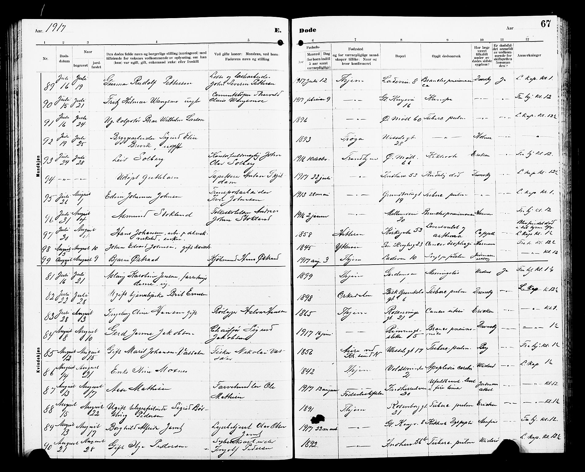 Ministerialprotokoller, klokkerbøker og fødselsregistre - Sør-Trøndelag, AV/SAT-A-1456/605/L0257: Parish register (copy) no. 605C04, 1916-1922, p. 67