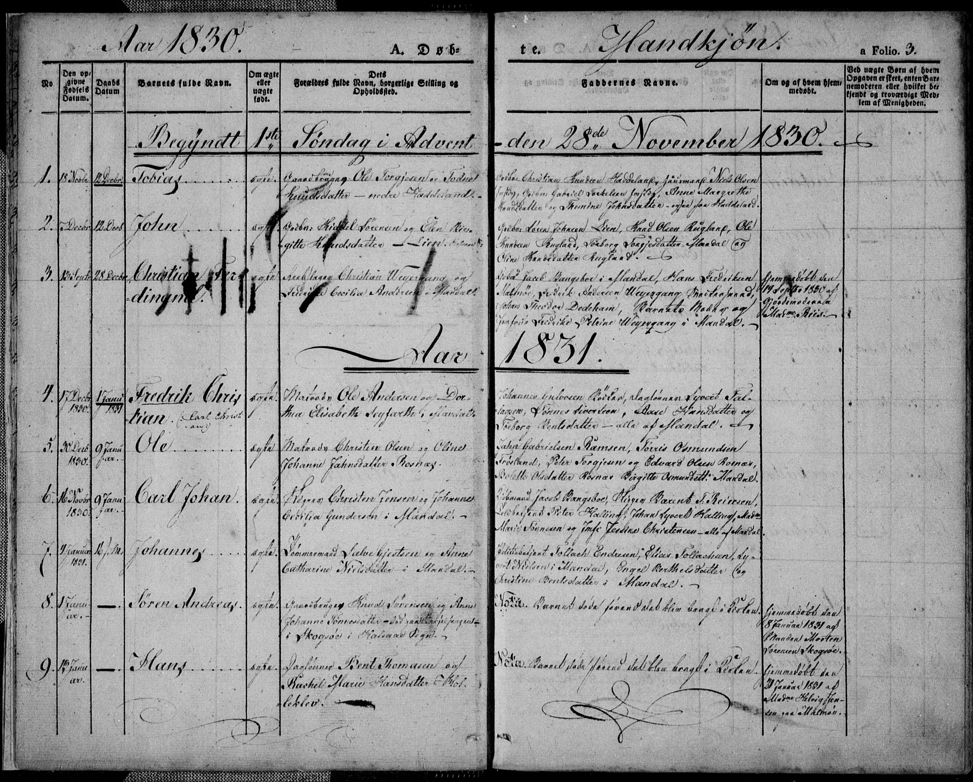 Mandal sokneprestkontor, SAK/1111-0030/F/Fa/Faa/L0011: Parish register (official) no. A 11, 1830-1839, p. 3