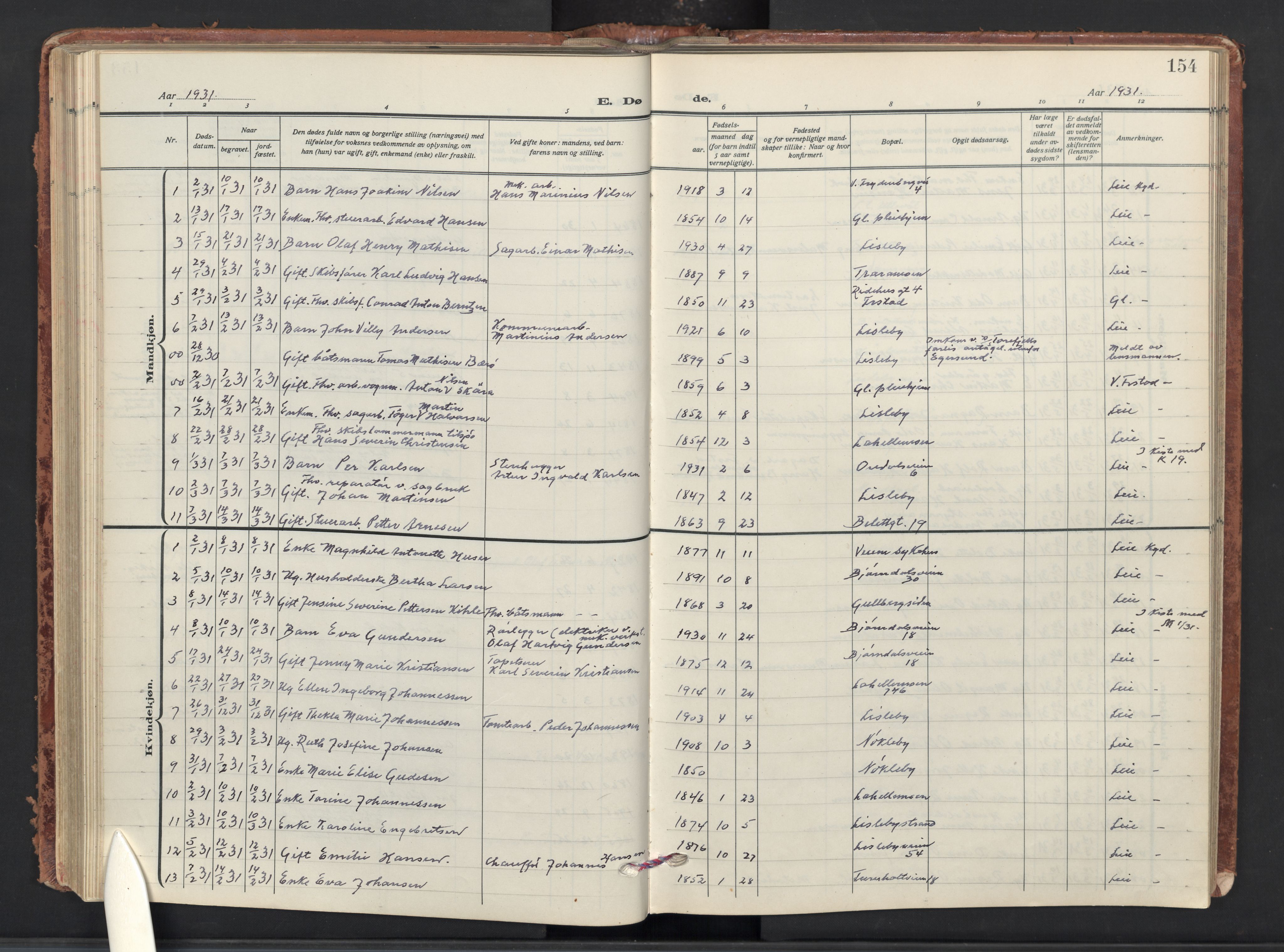 Glemmen prestekontor Kirkebøker, AV/SAO-A-10908/G/Ga/L0010: Parish register (copy) no. 10, 1928-1951, p. 154