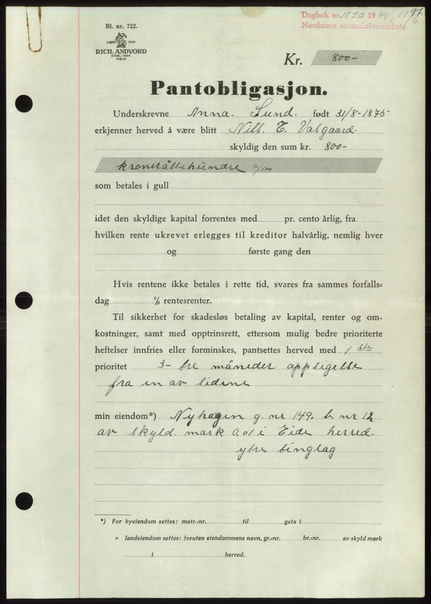 Nordmøre sorenskriveri, AV/SAT-A-4132/1/2/2Ca: Mortgage book no. B99, 1948-1948, Diary no: : 1820/1948