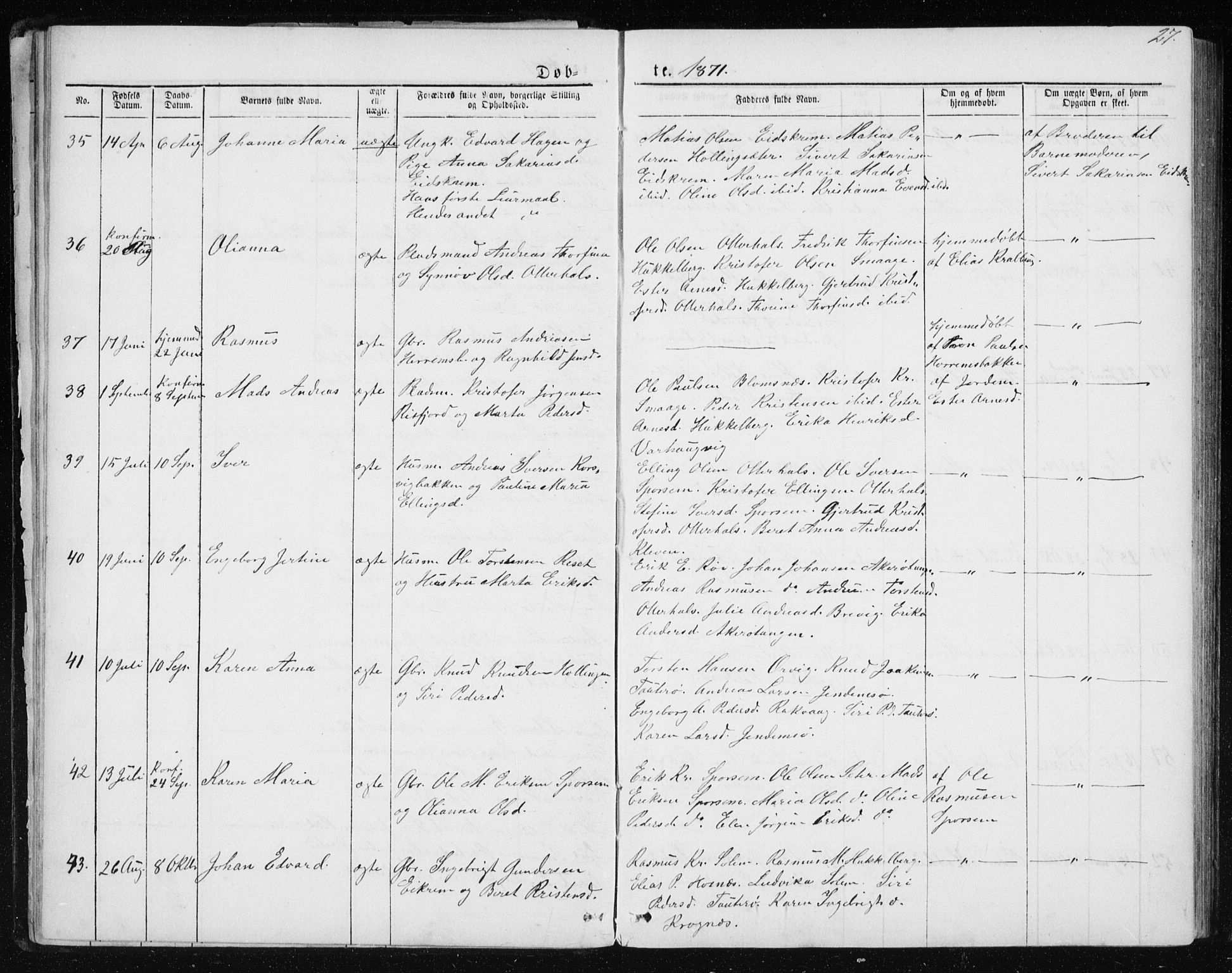 Ministerialprotokoller, klokkerbøker og fødselsregistre - Møre og Romsdal, AV/SAT-A-1454/560/L0724: Parish register (copy) no. 560C01, 1867-1892, p. 27