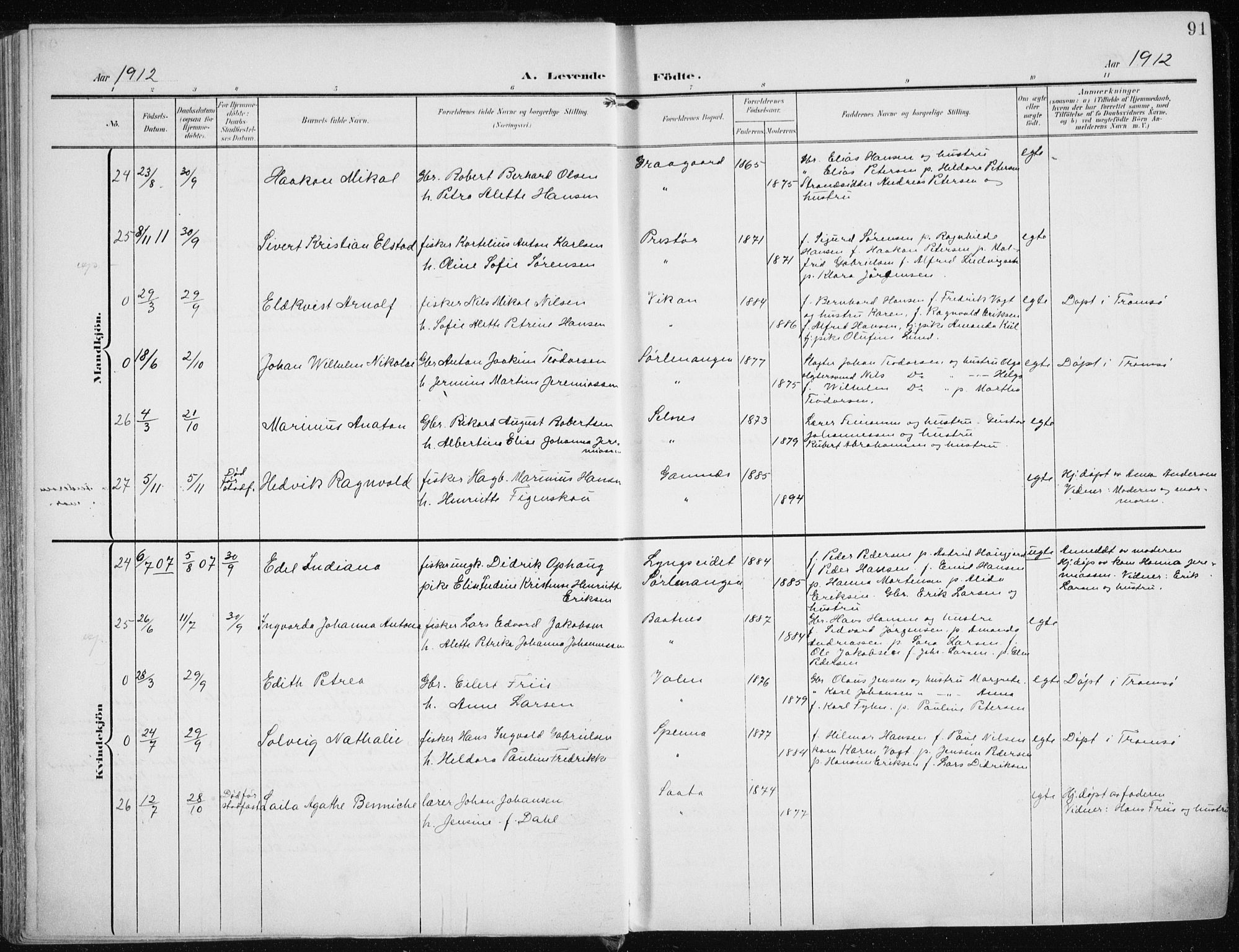 Karlsøy sokneprestembete, SATØ/S-1299/H/Ha/Haa/L0014kirke: Parish register (official) no. 14, 1903-1917, p. 91