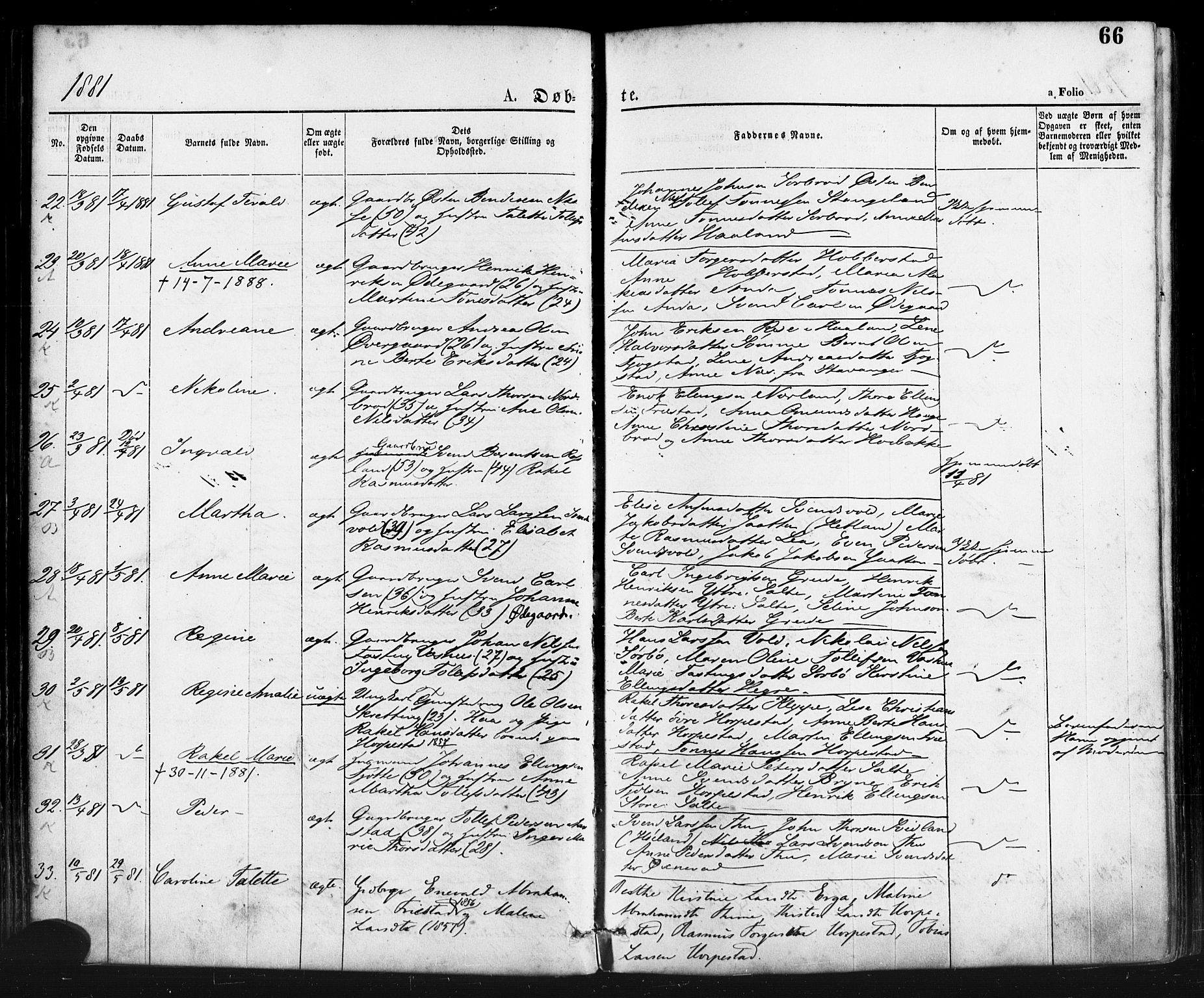 Klepp sokneprestkontor, AV/SAST-A-101803/001/3/30BA/L0006: Parish register (official) no. A 6, 1871-1885, p. 66