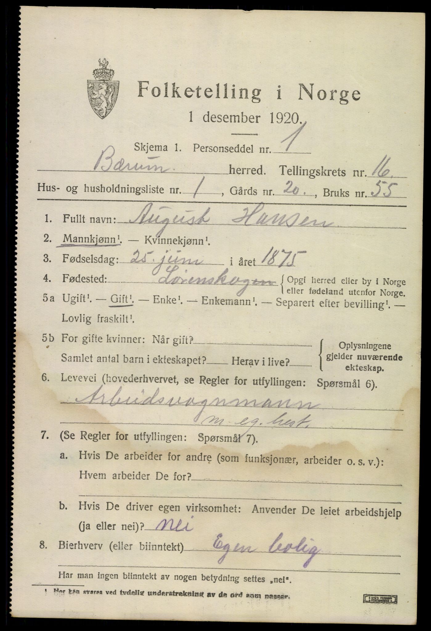 SAO, 1920 census for Bærum, 1920, p. 43082